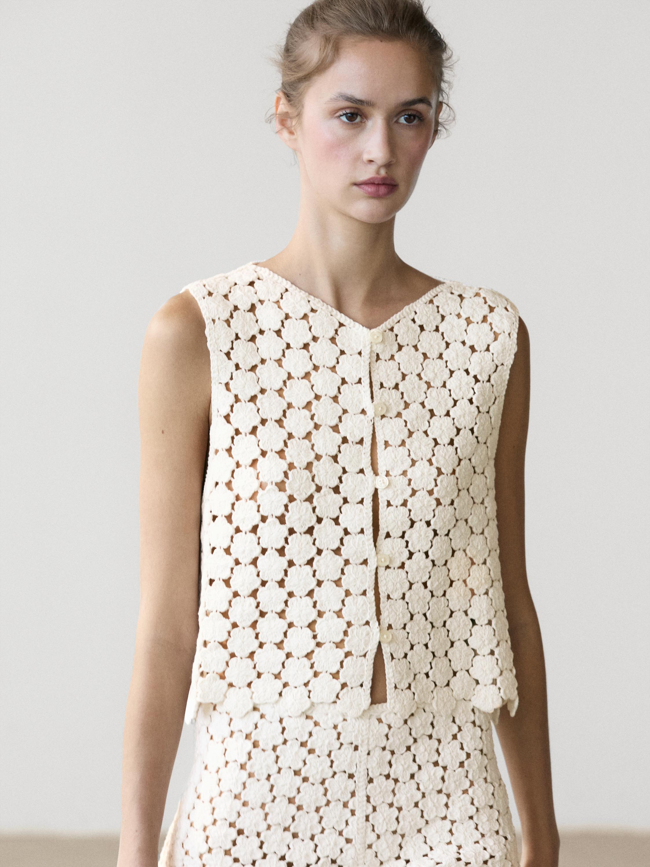 Cotton crochet vest with floral details — CREAM