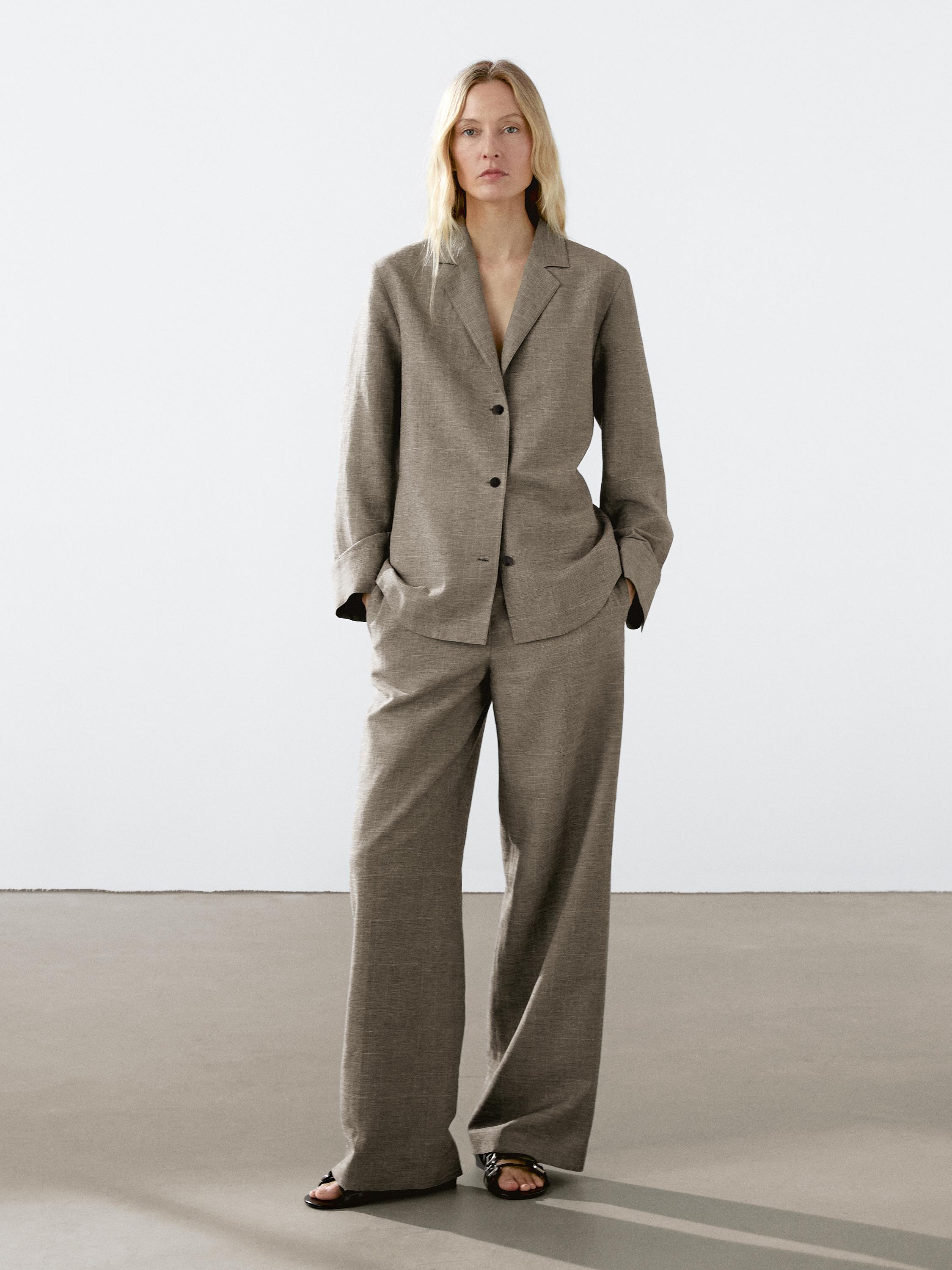 Check cotton blend straight-leg trousers