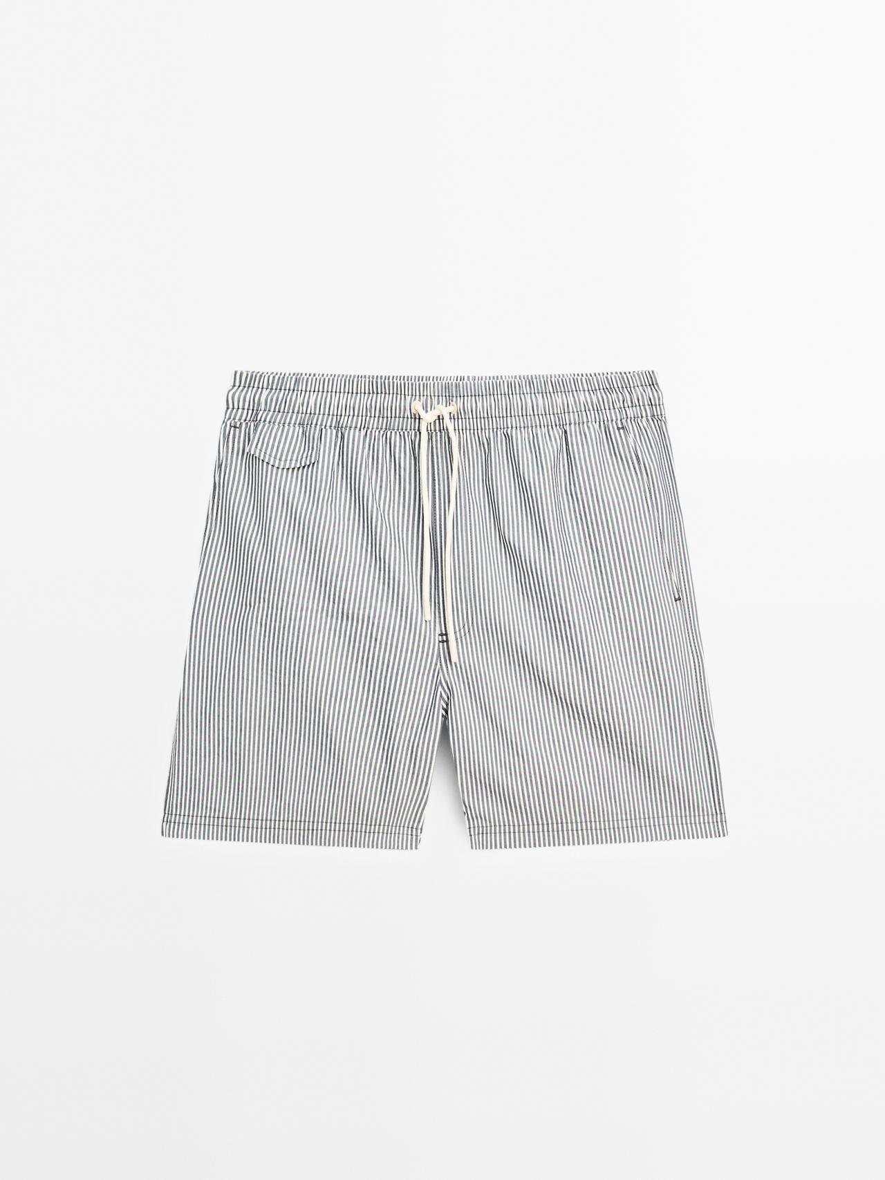 Massimo Dutti - Herre - Stribede Badebukser I Seersucker - Marineblå - M