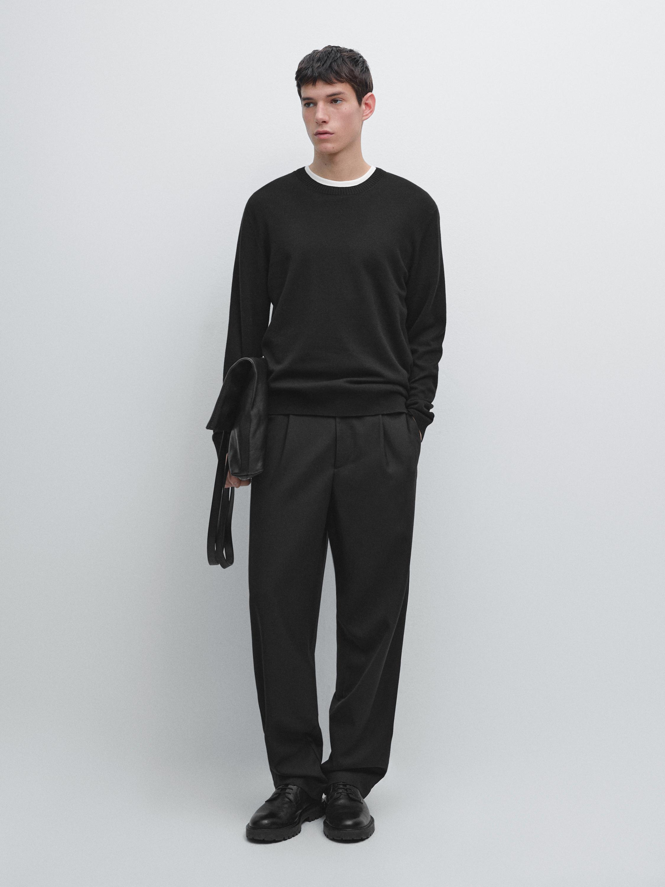 Knit cotton and wool sweater with crew neck