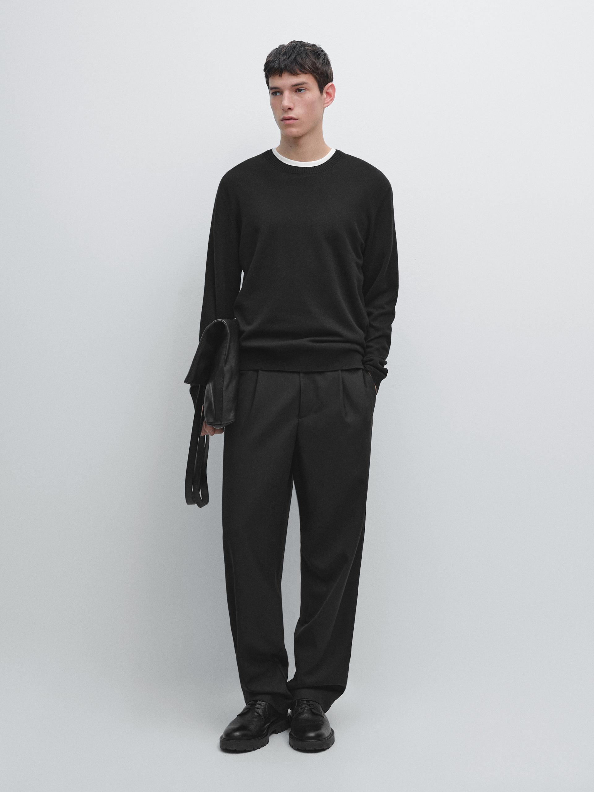 Pullover In Maglia A Collo Rotondo Di Cotone E Lana - Nero - M - Massimo Dutti - Maschile