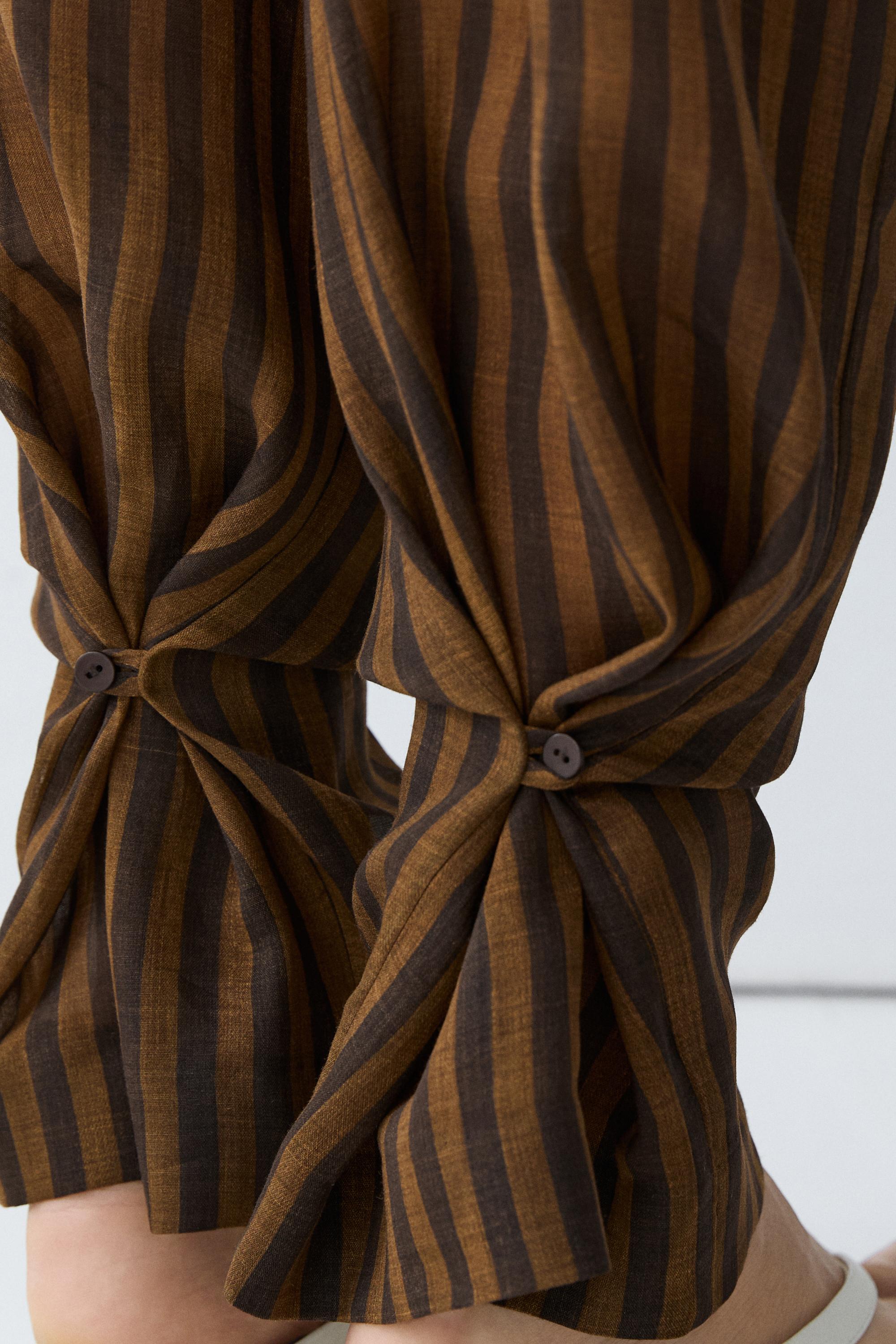 Total look flowing striped pants with button hem — DARK KHAKI