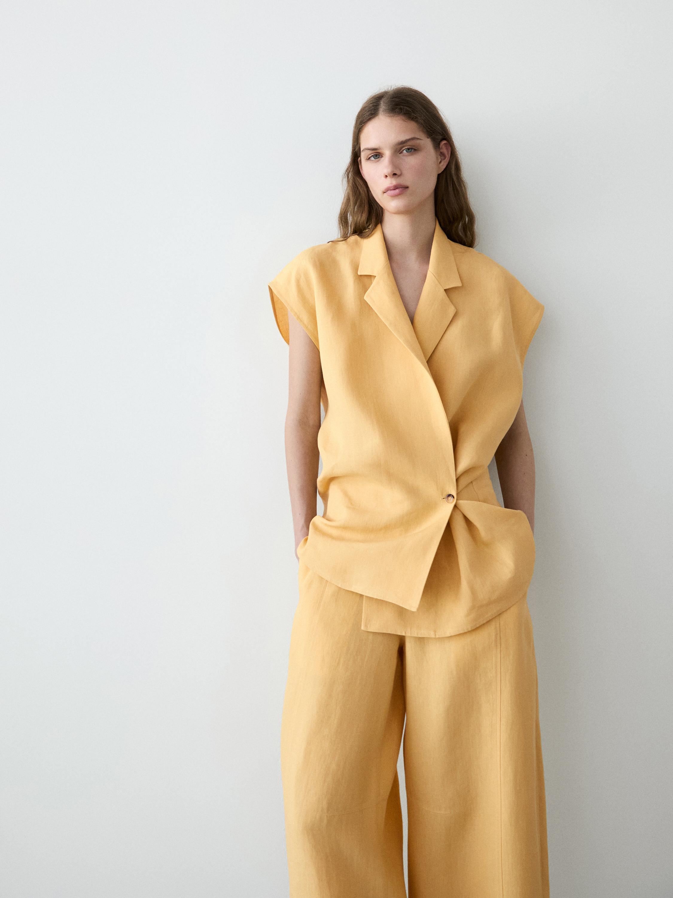 Linen double-breasted lapel vest — YELLOW