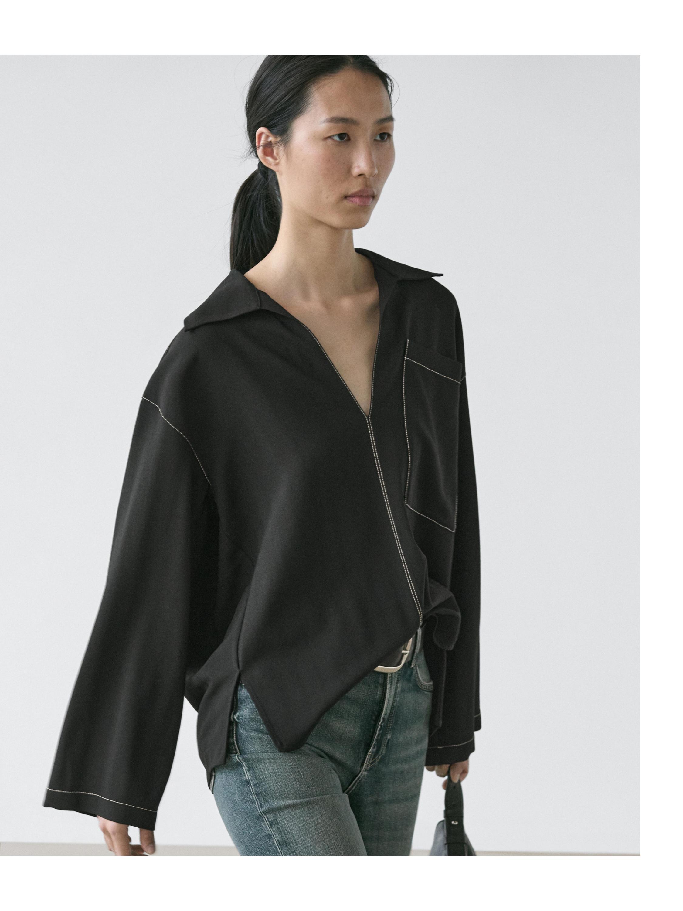 Flowing wool blend overshirt with pocket detail — BLACK