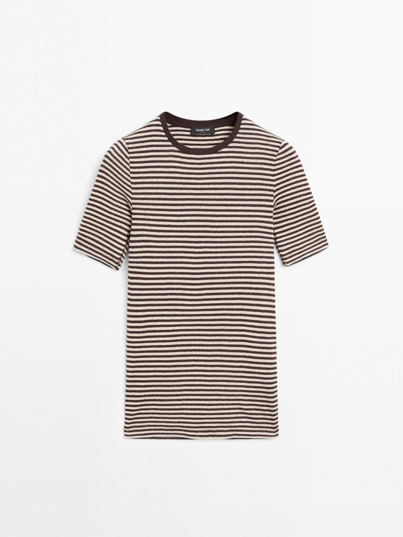 Massimo Dutti - Dame - Kortærmet, Stribet T-Shirt - Brun - L