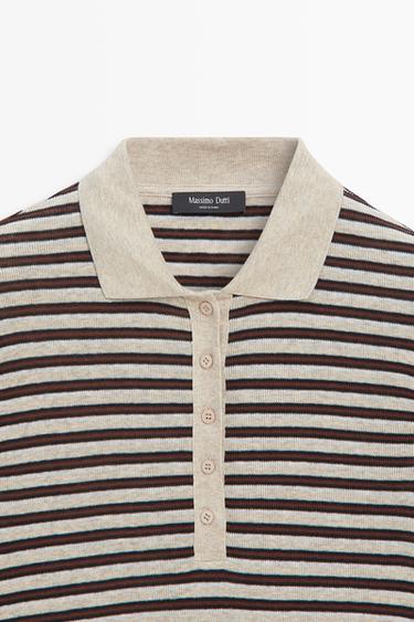 Long sleeve striped wool-blend polo — MINK 9