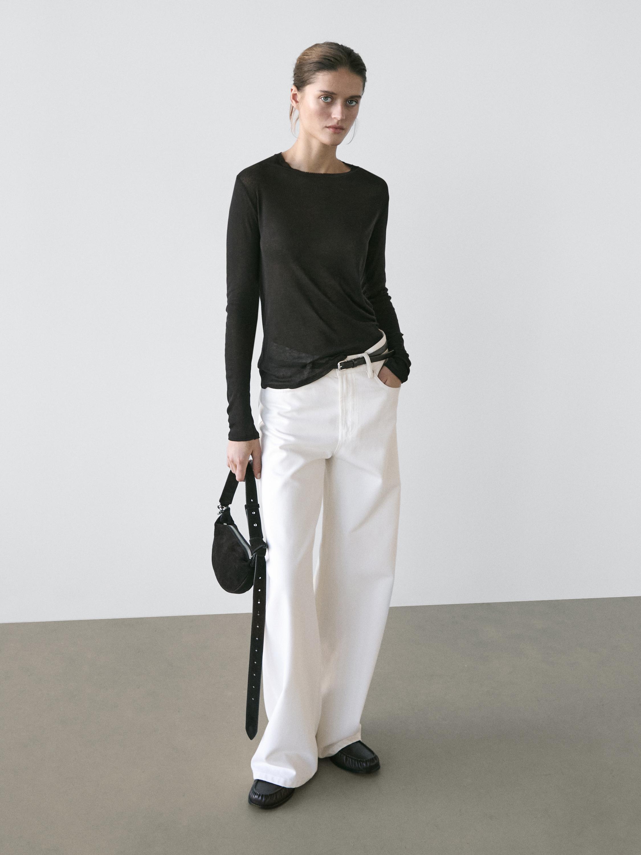 100% cotton semi-sheer T-shirt with collar detail — BLACK
