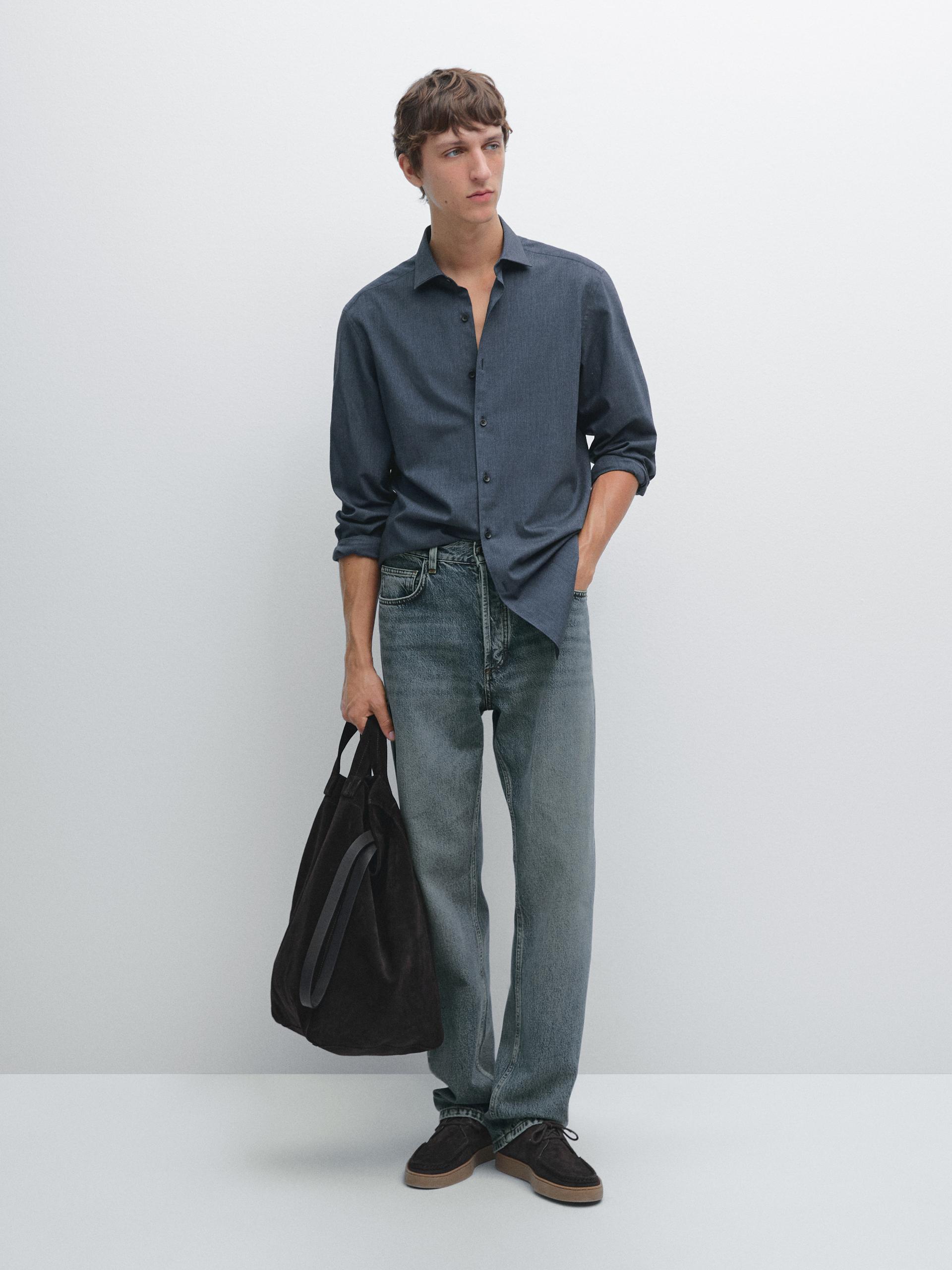 Camisa De Twill Mélange Slim Fit - Azul Médio - S - Massimo Dutti - Homem
