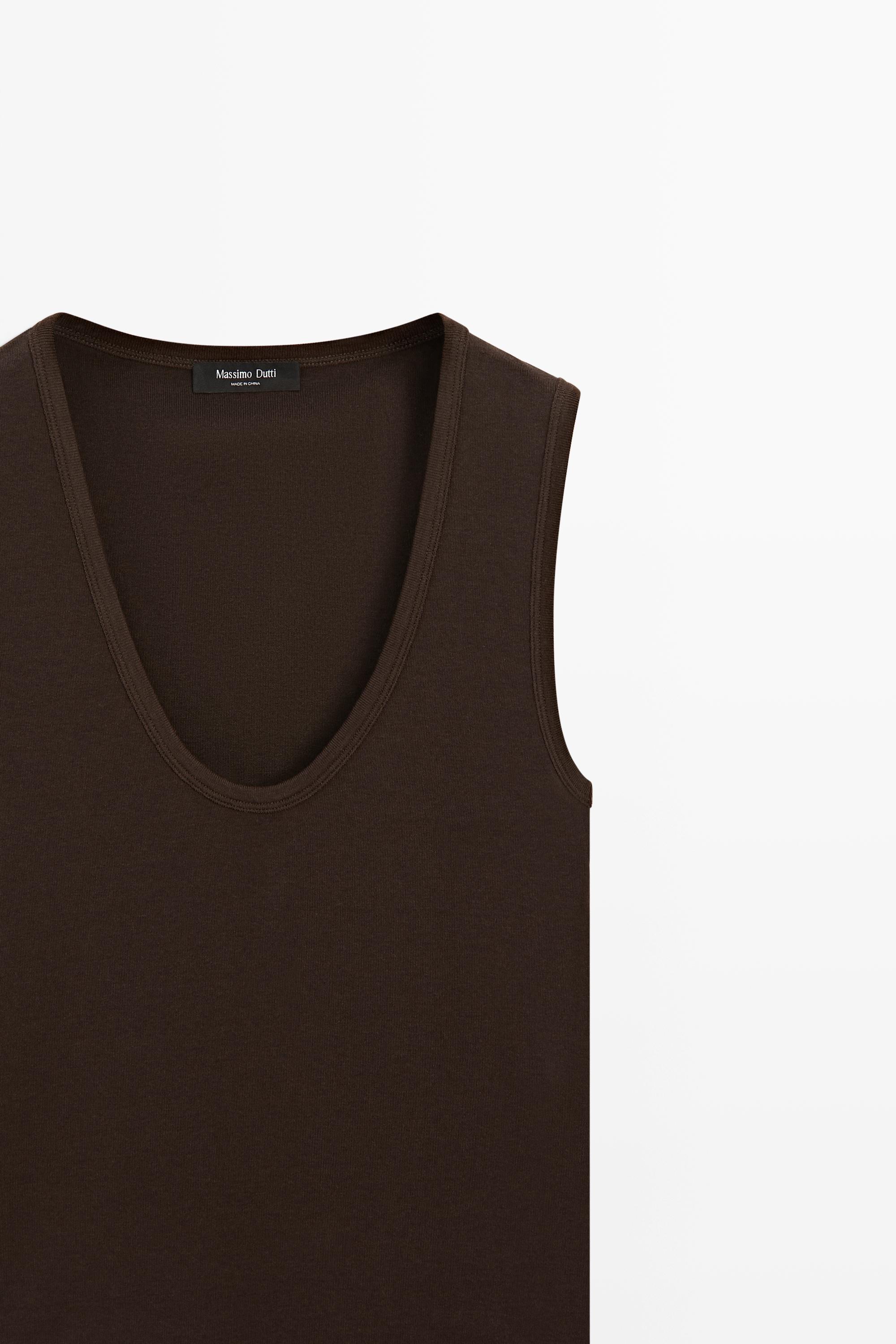 Cotton blend V-neck top — BROWN