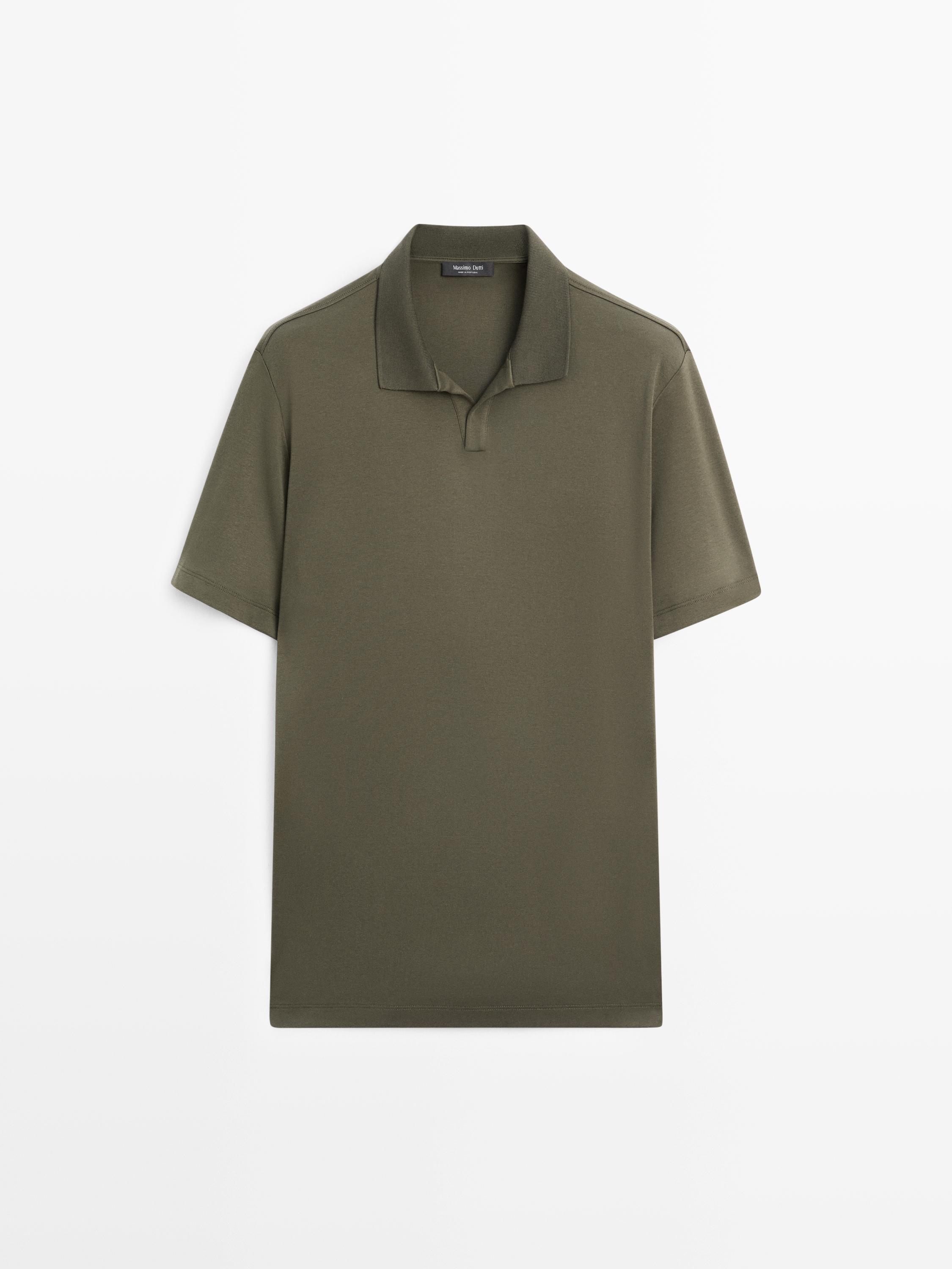 Front view of a short-sleeved khaki polo shirt with a classic collar.