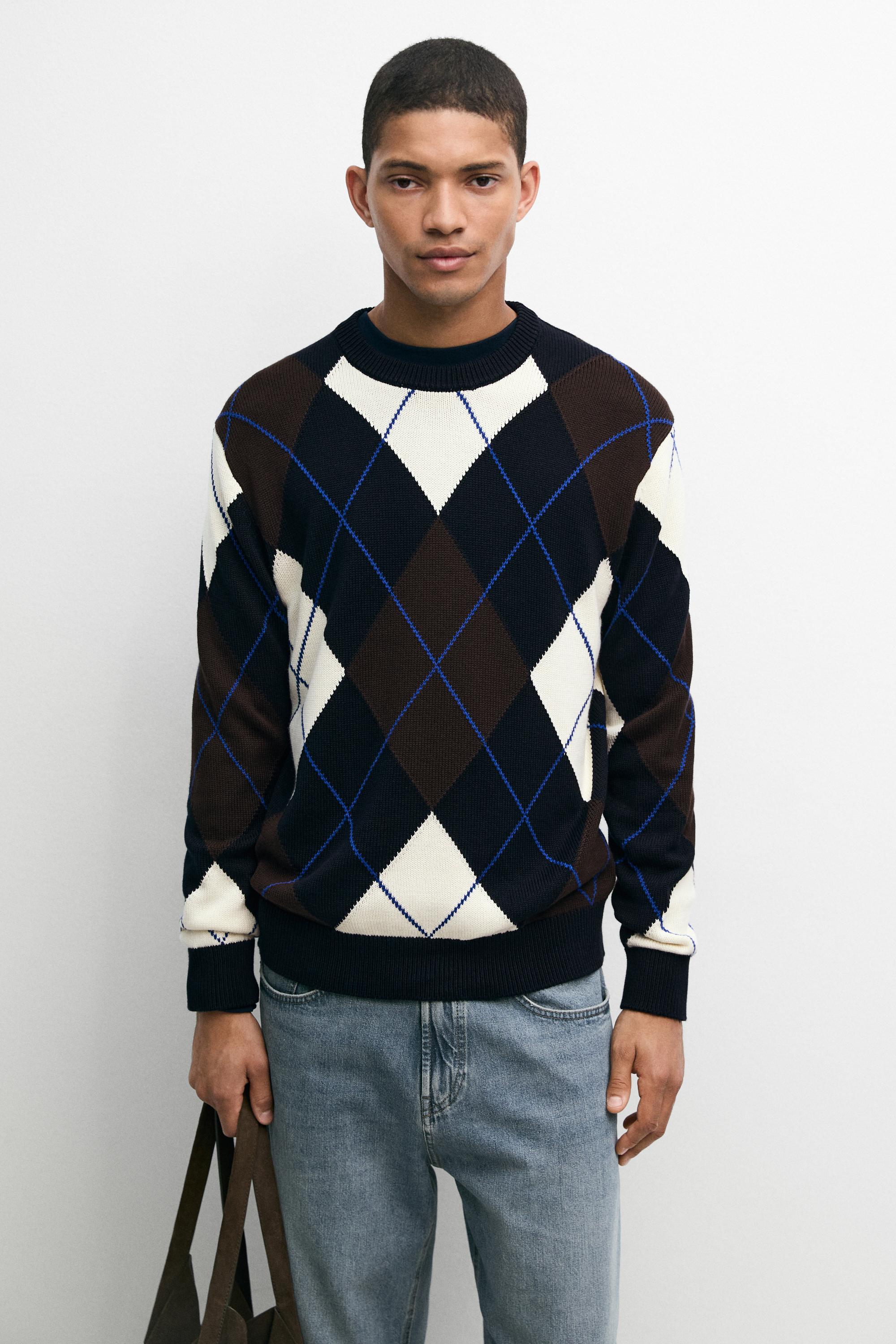 100% Cotton Argyle Knit Sweater — NAVY BLUE