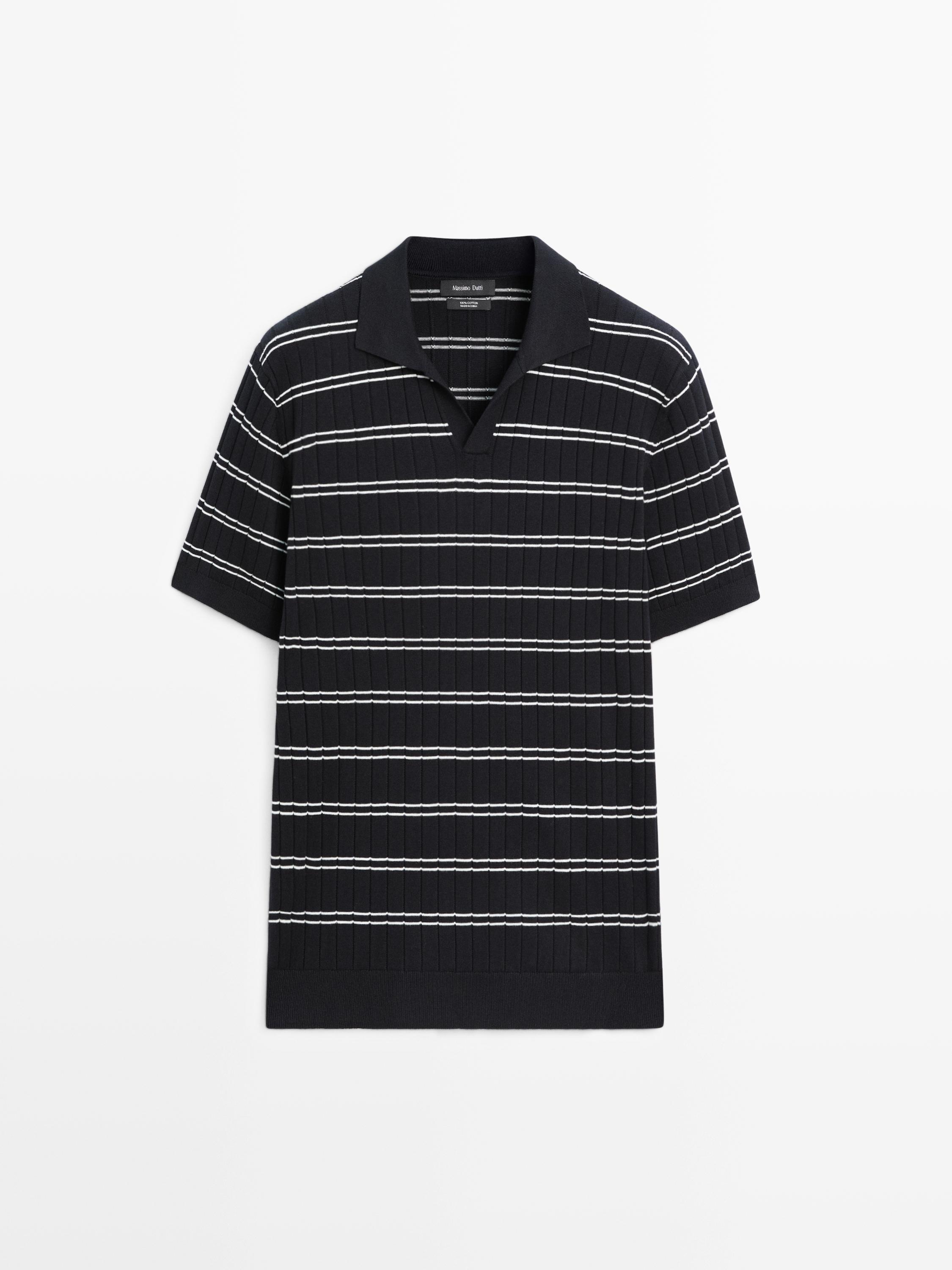 Striped cotton knit polo shirt — NAVY BLUE