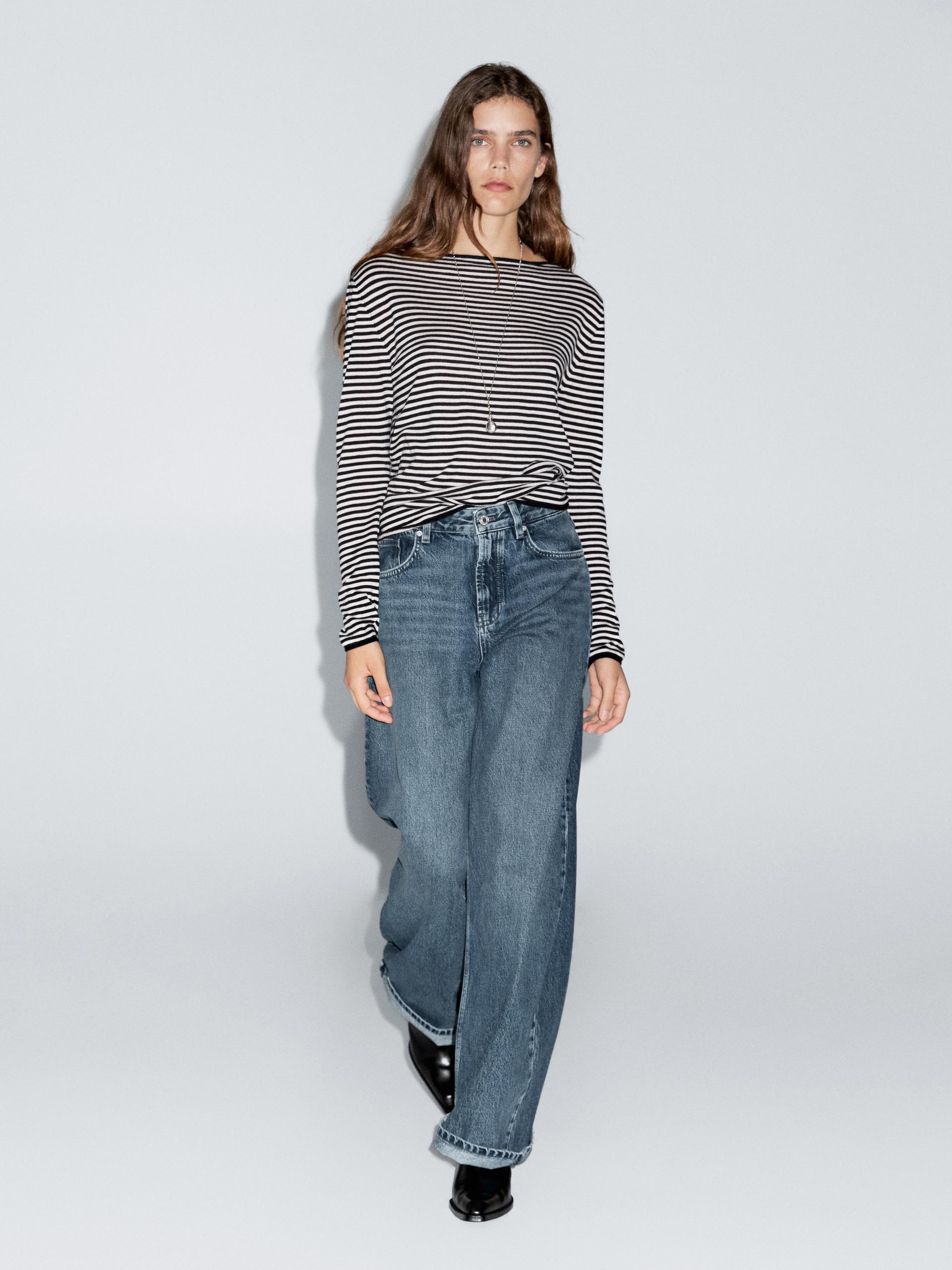 Dzianinowy Sweter W Paski Z Długim Rękawem - Czarny - Xs - Massimo Dutti - Kobieta