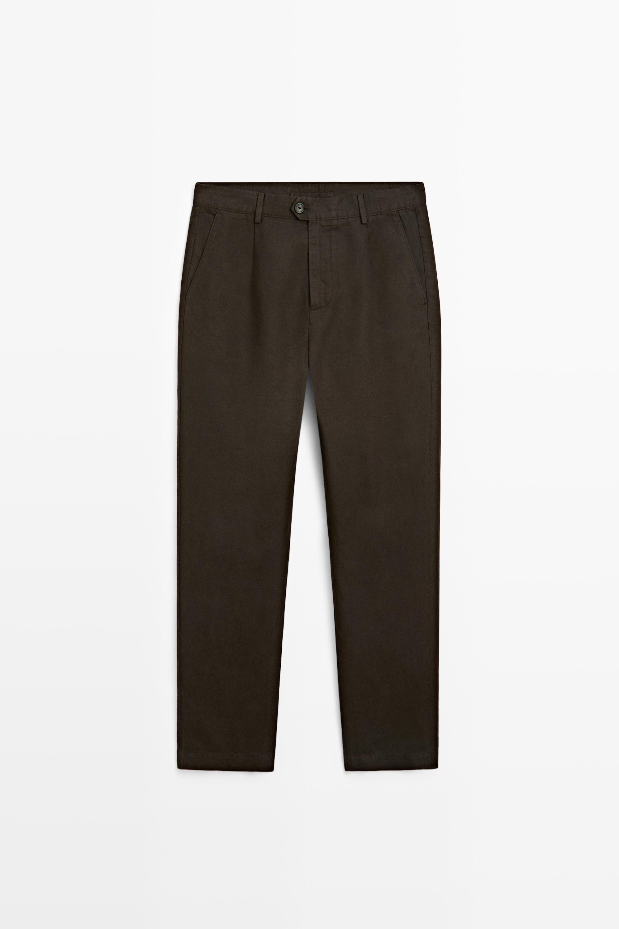 Straight-leg linen and cotton trousers with darts — BROWN