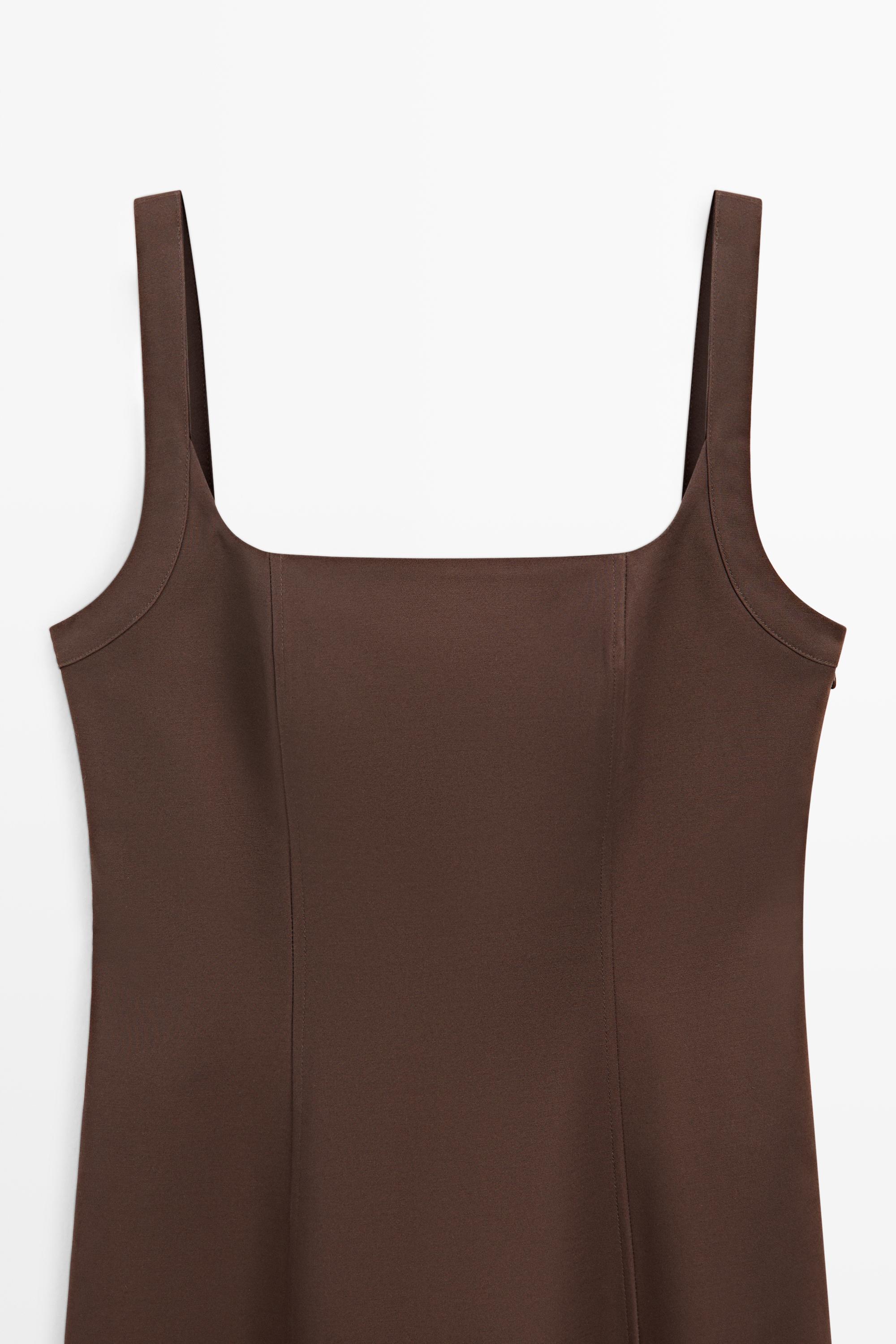 Cotton blend strappy midi dress — BROWN