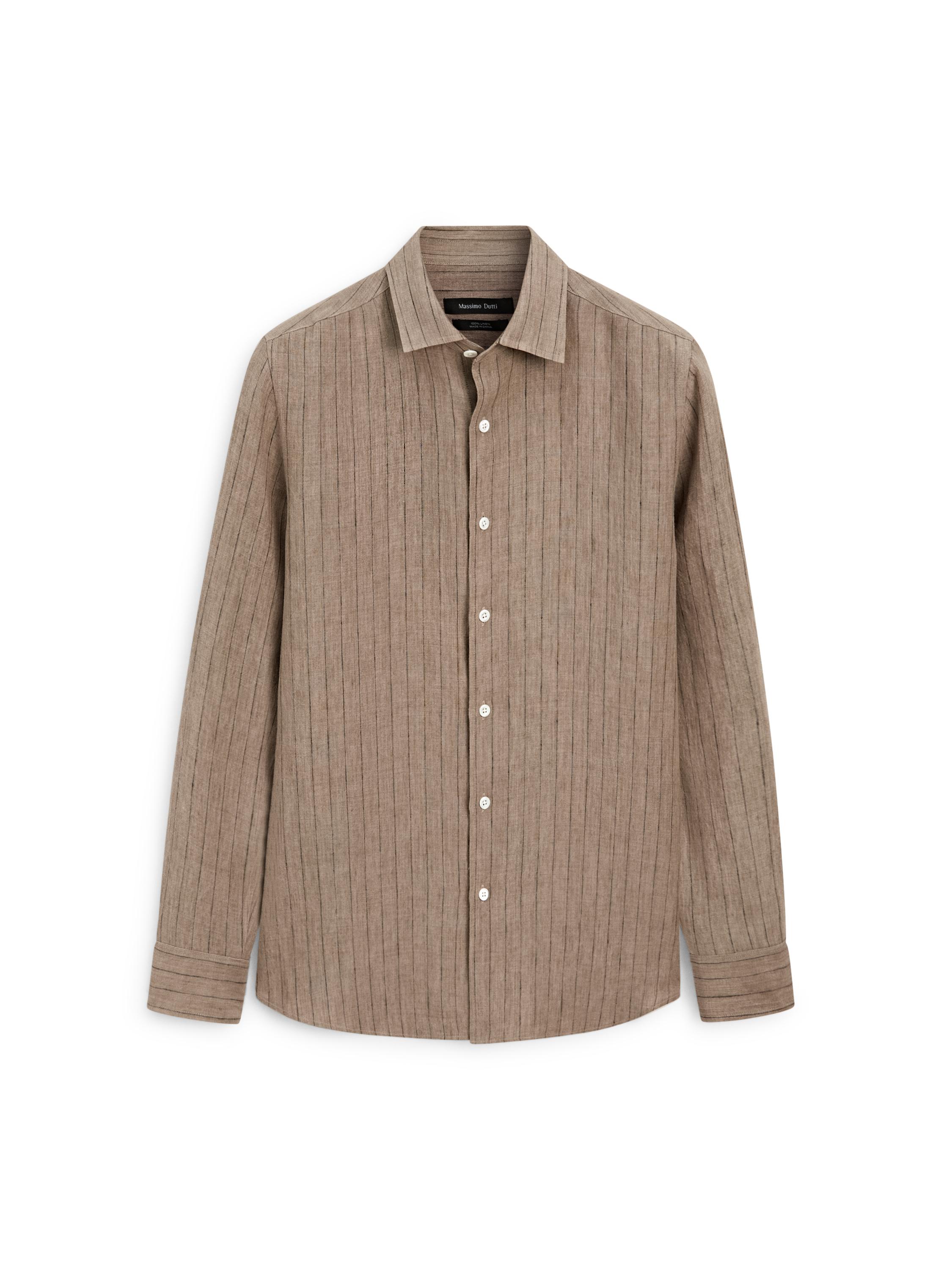 Regular fit 100% linen striped shirt — BEIGE