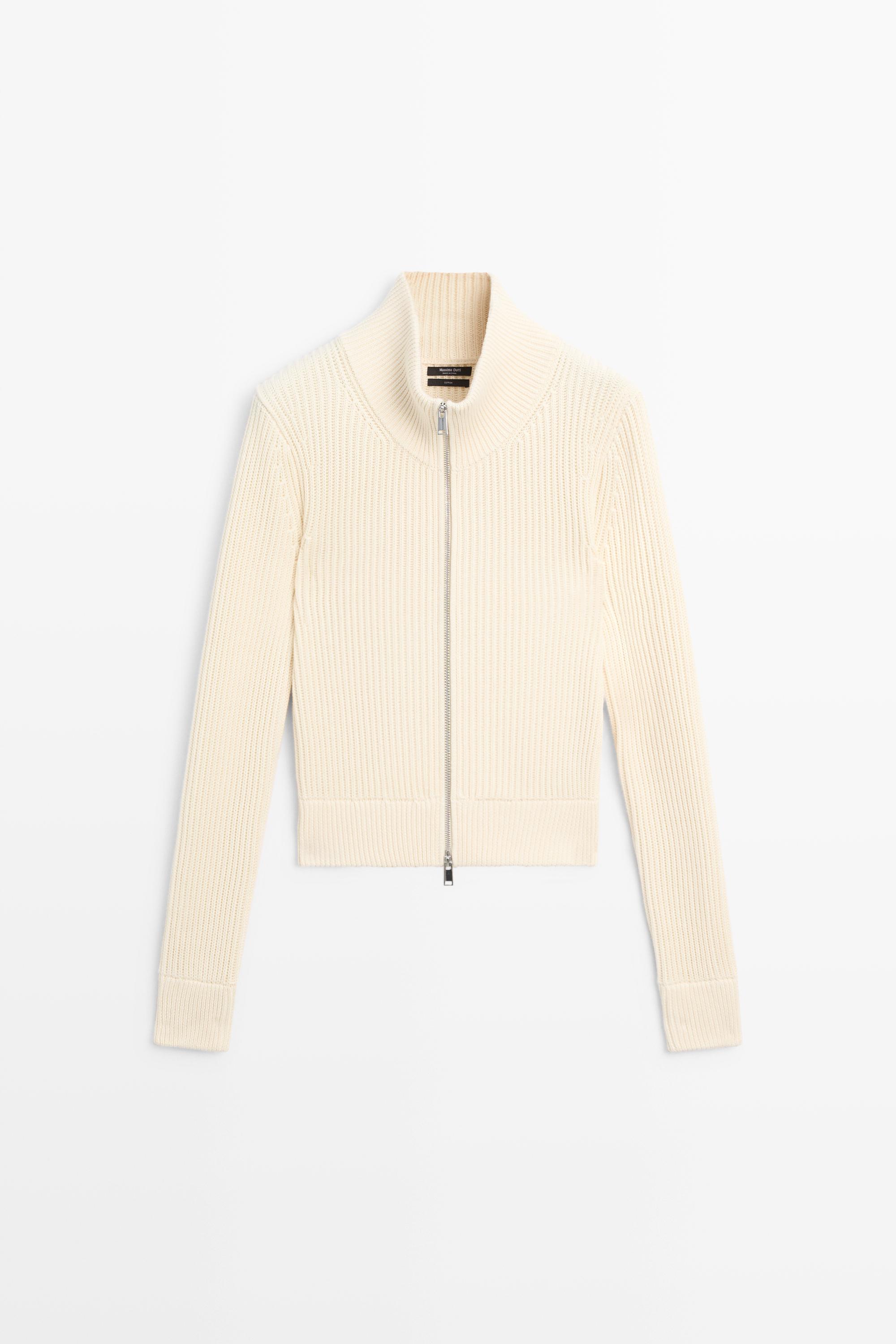 100% cotton purl knit cardigan — CREAM