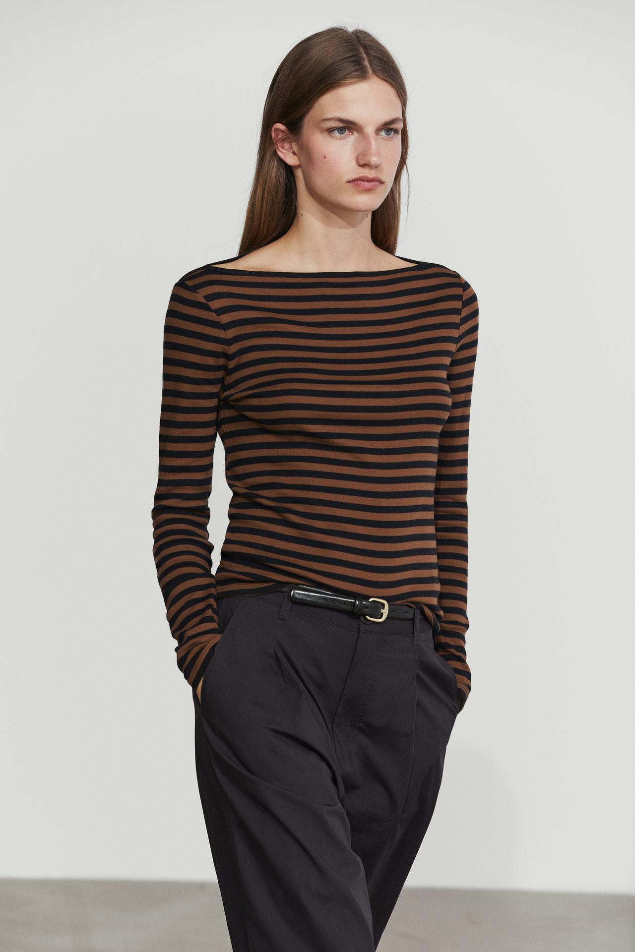100% cotton striped boat neck T-shirt — MOLE BROWN