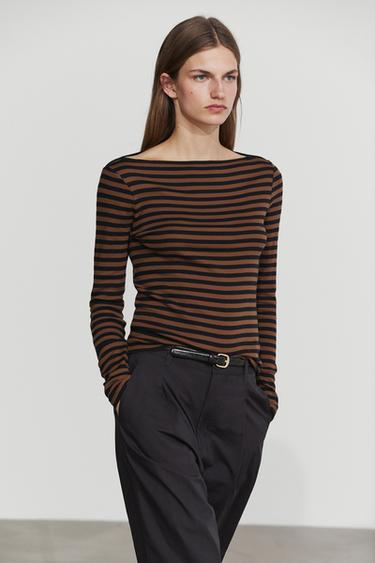 100% cotton striped boat neck T-shirt — MOLE BROWN 8