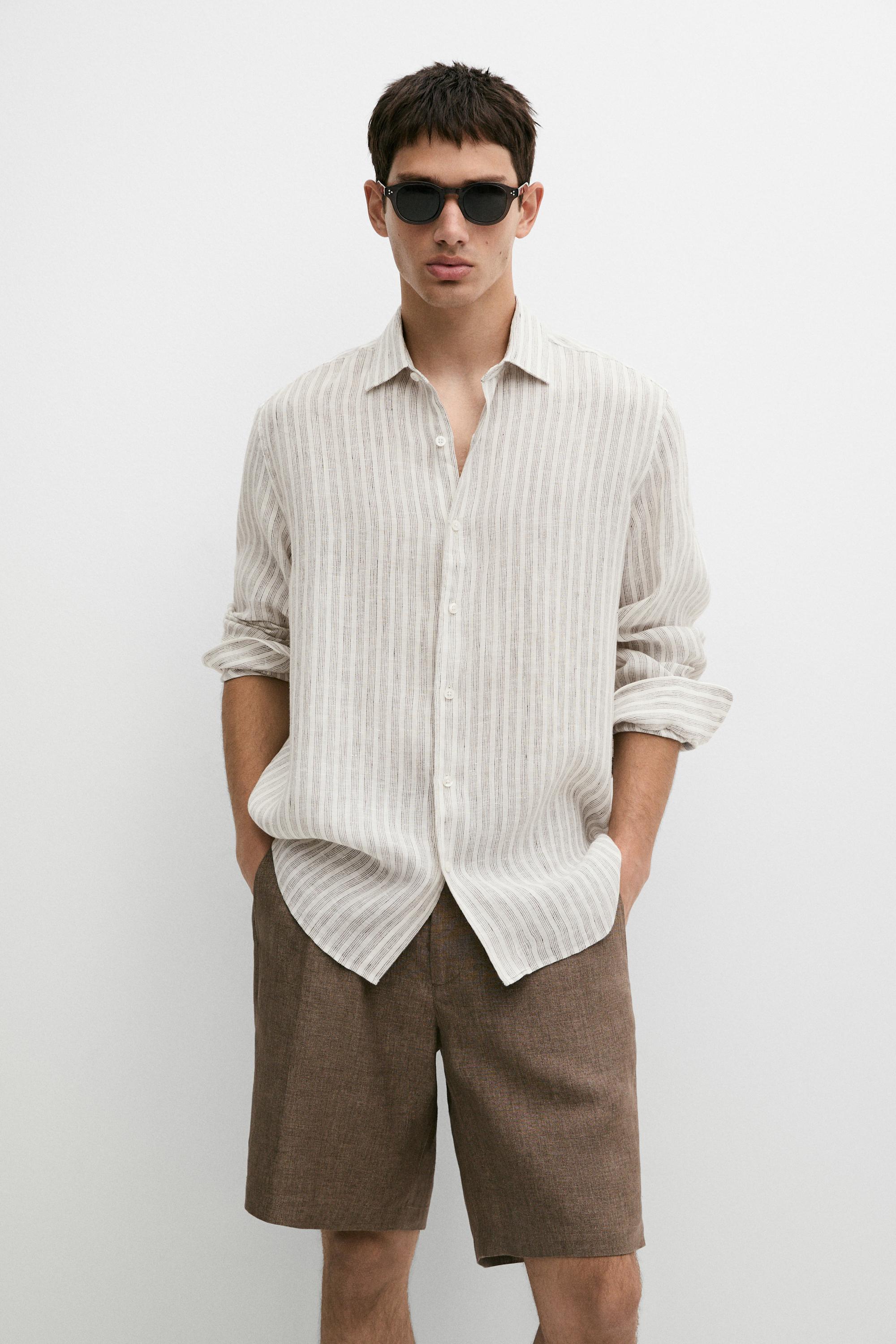 100% linen regular fit striped shirt — BROWN