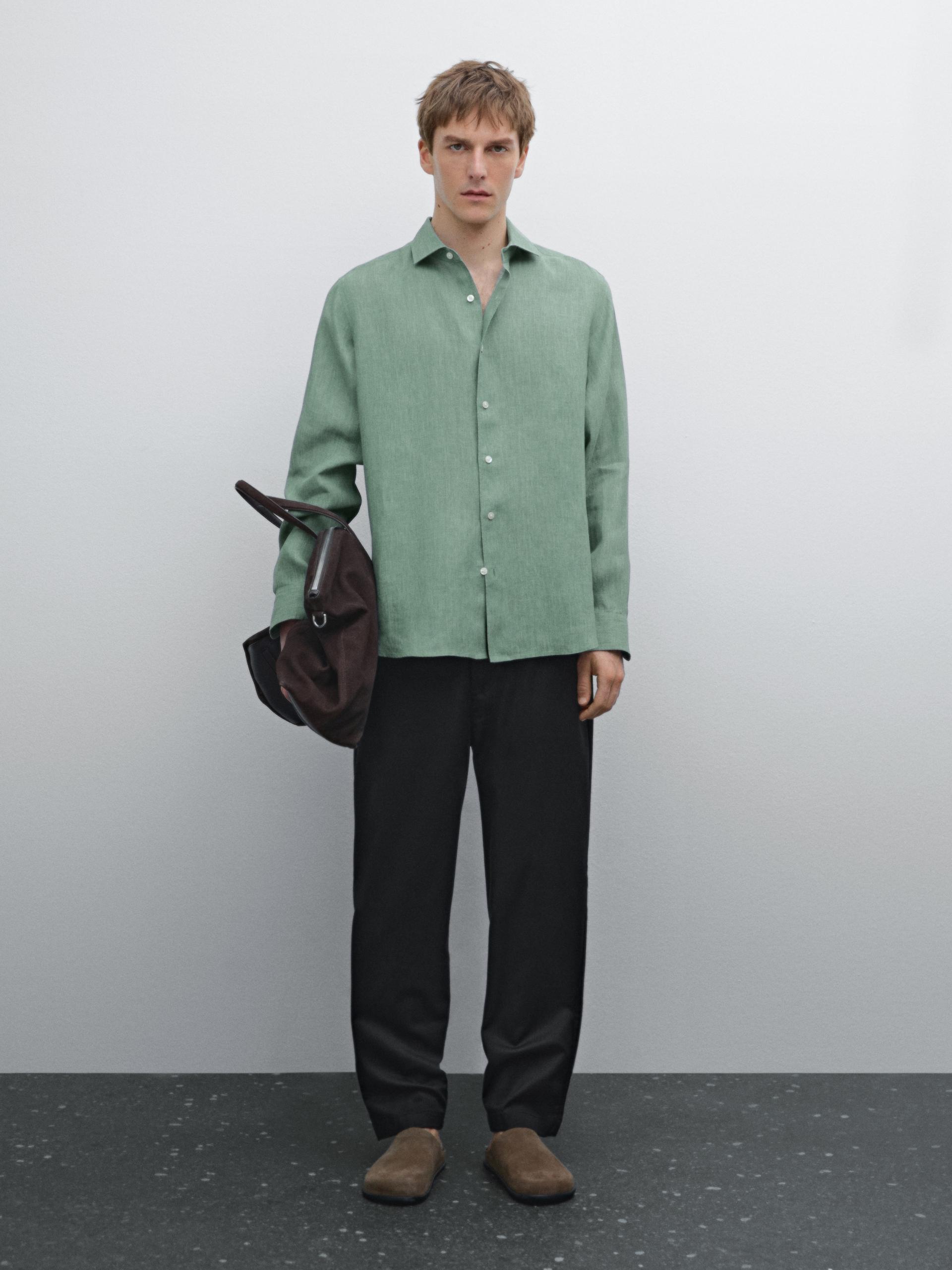 Camisa Ligera Regular Fit 100% Lino - Verde - M - Massimo Dutti - Hombre