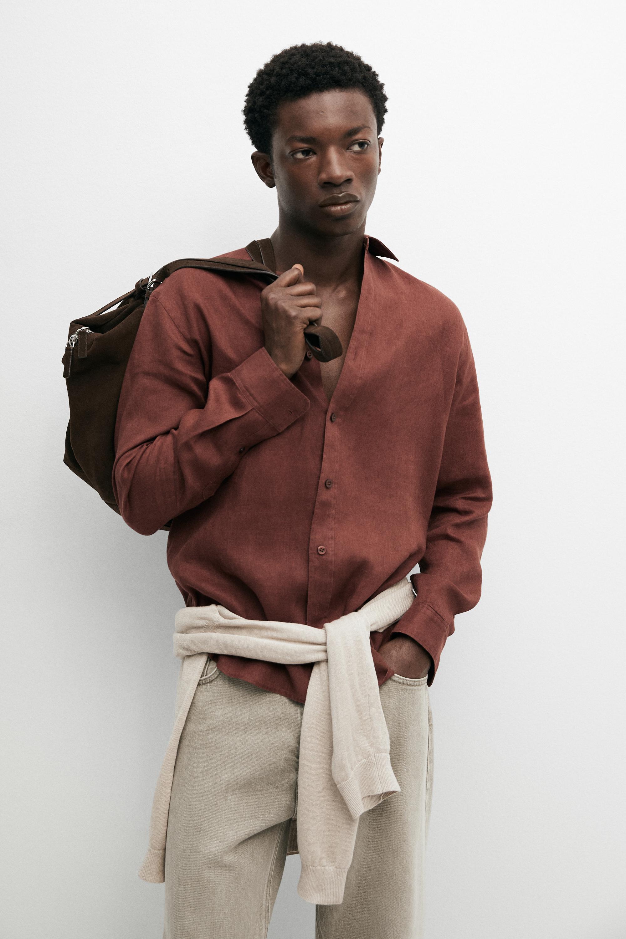 100% linen slim fit shirt — TERRA-COTTA