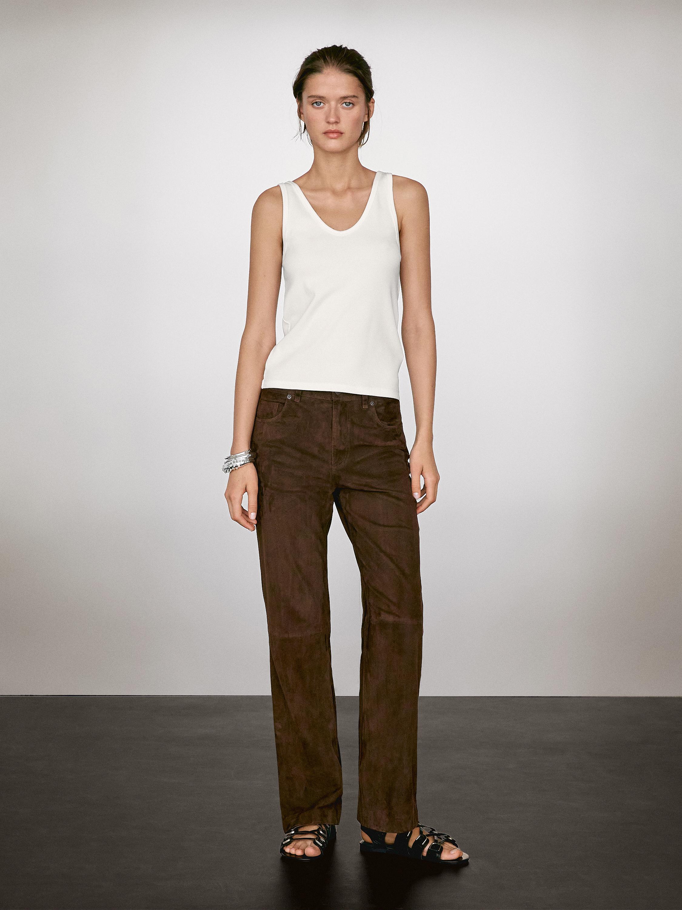 Top décolleté en tissu côtelé · Cru, Délavé, Écru Moyen