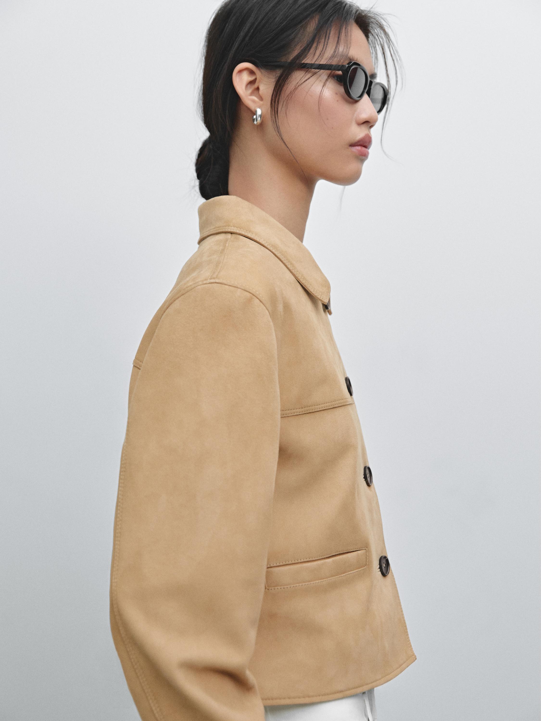 Short suede leather jacket with topstitching