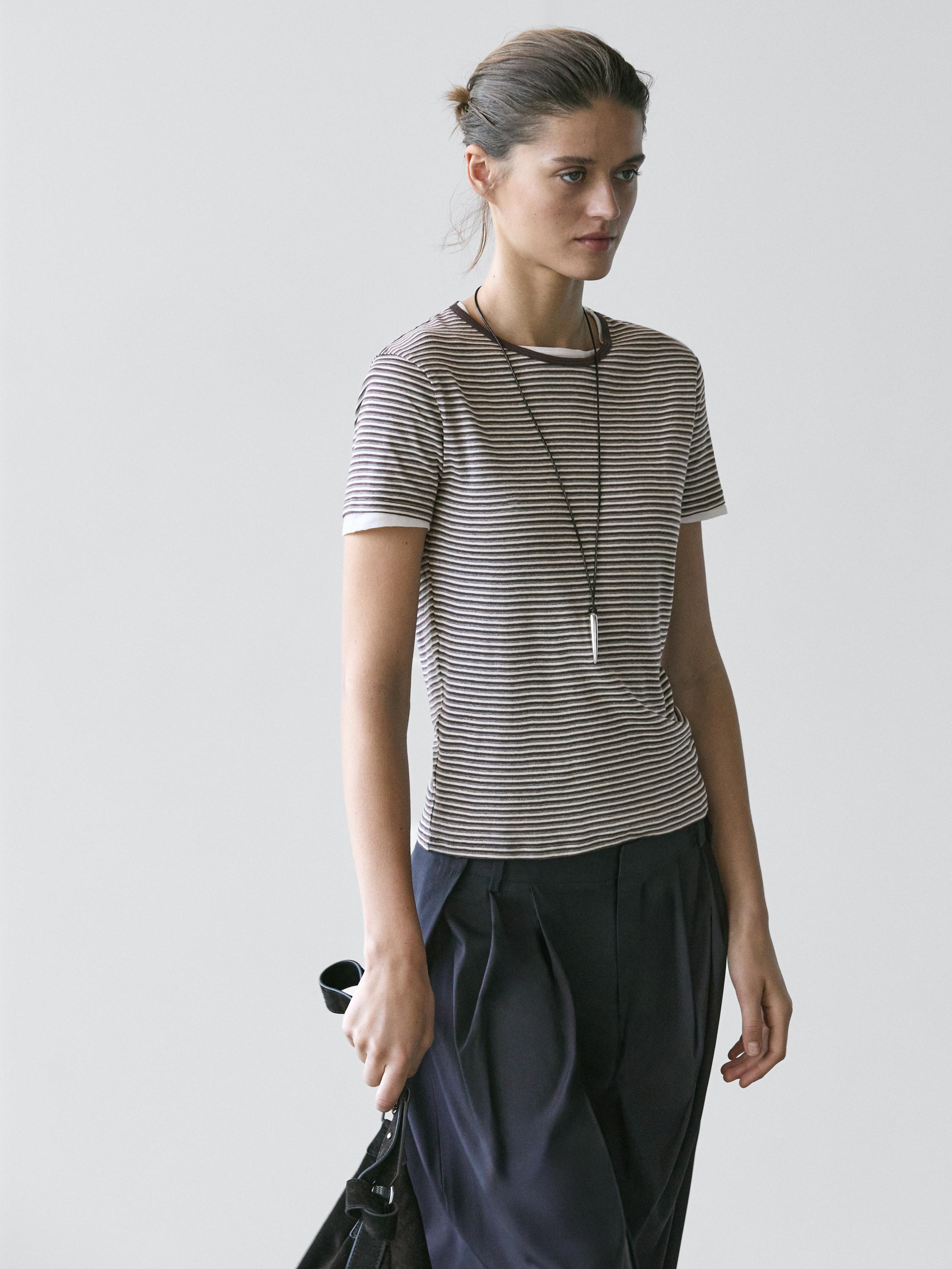 Striped double-layer T-shirt with short sleeves — BROWN