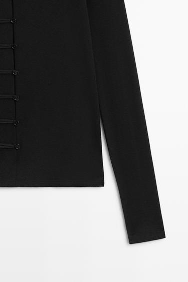 Cotton blend T-shirt with button detail — BLACK 7