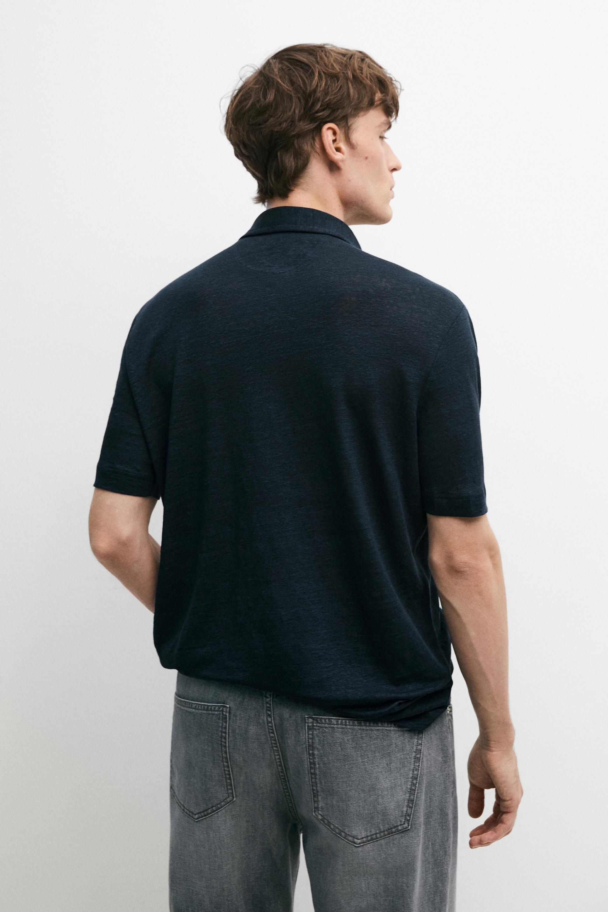 100% linen short sleeve polo shirt — NAVY BLUE