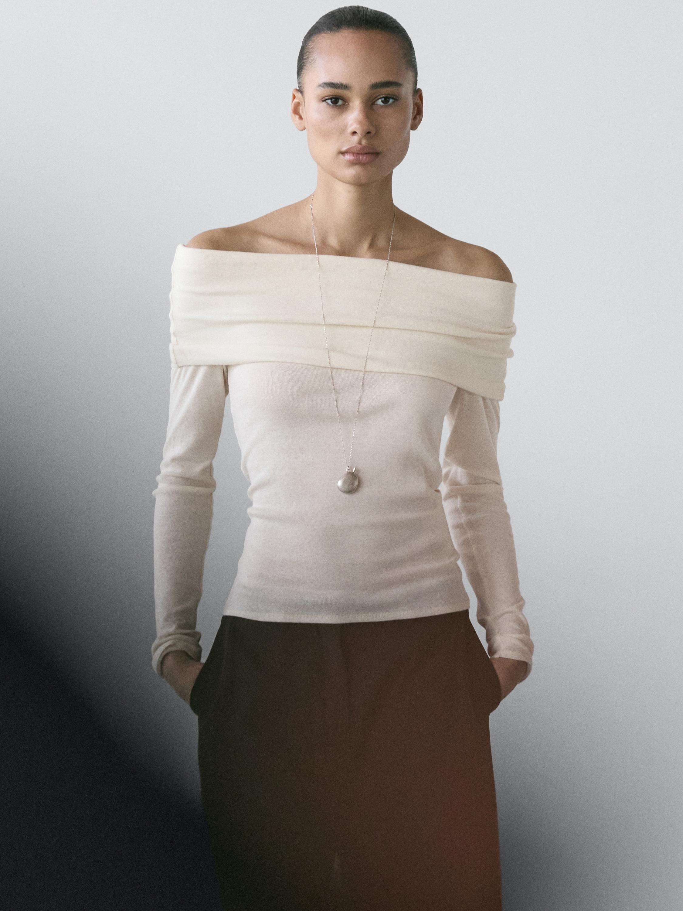 Off-the-shoulder cotton blend T-shirt