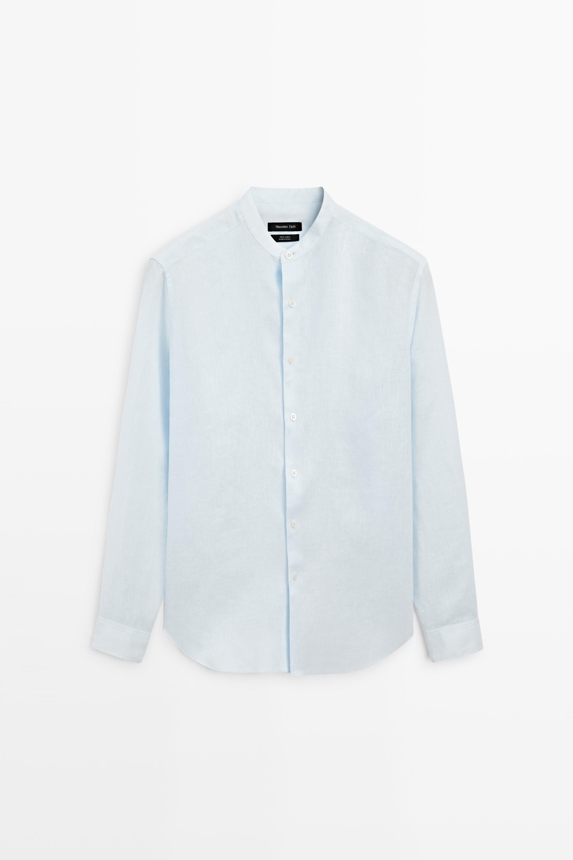 100% linen regular fit stand collar shirt — Sky blue