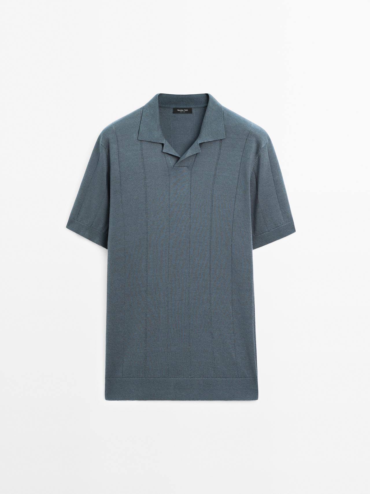 Massimo Dutti - Heren - Gestreepte Tricot Polo Van Linnenmix - Halfblauw - Xl