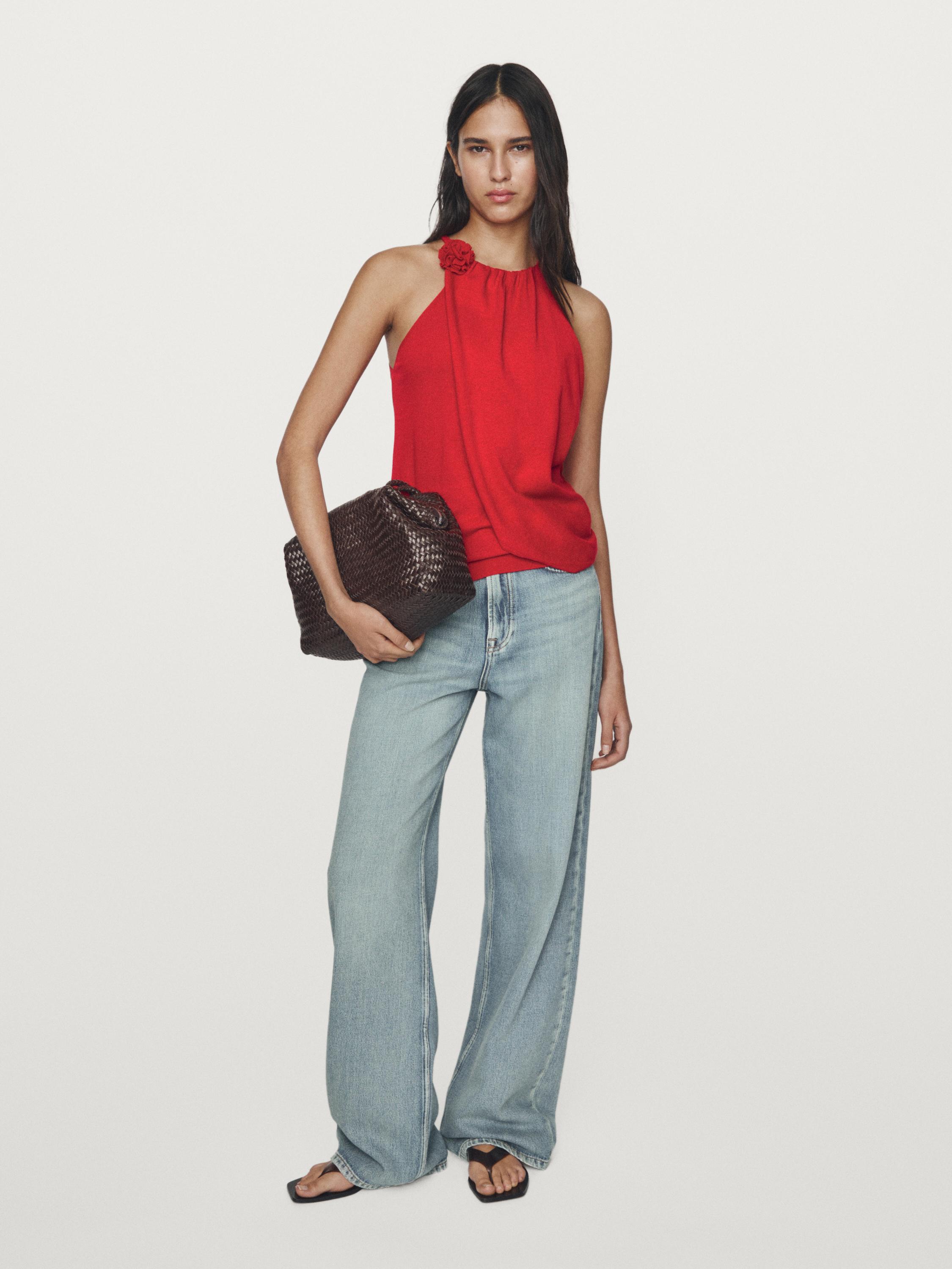 Knit cotton top with floral detail