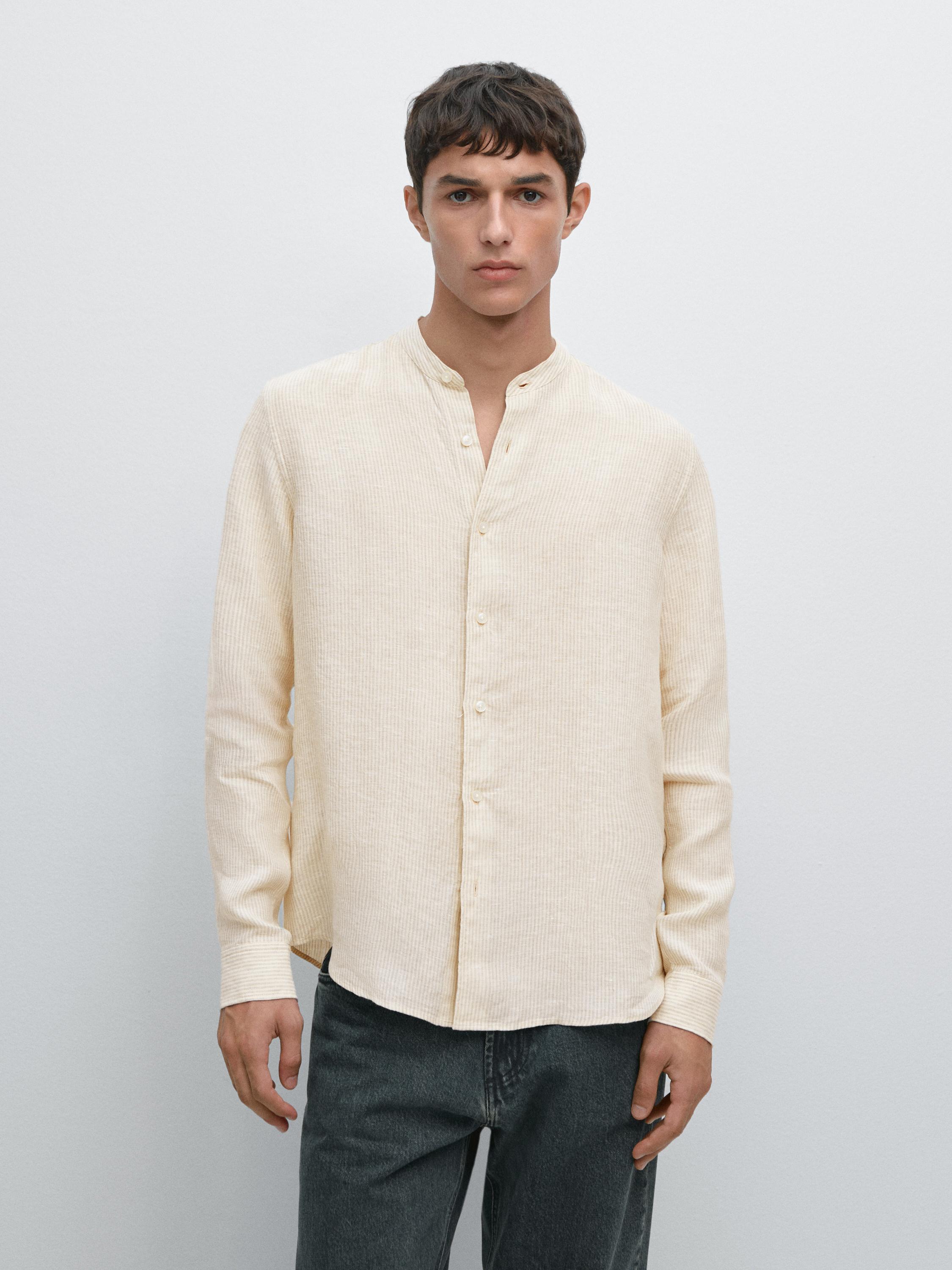 Regular fit striped 100% linen shirt