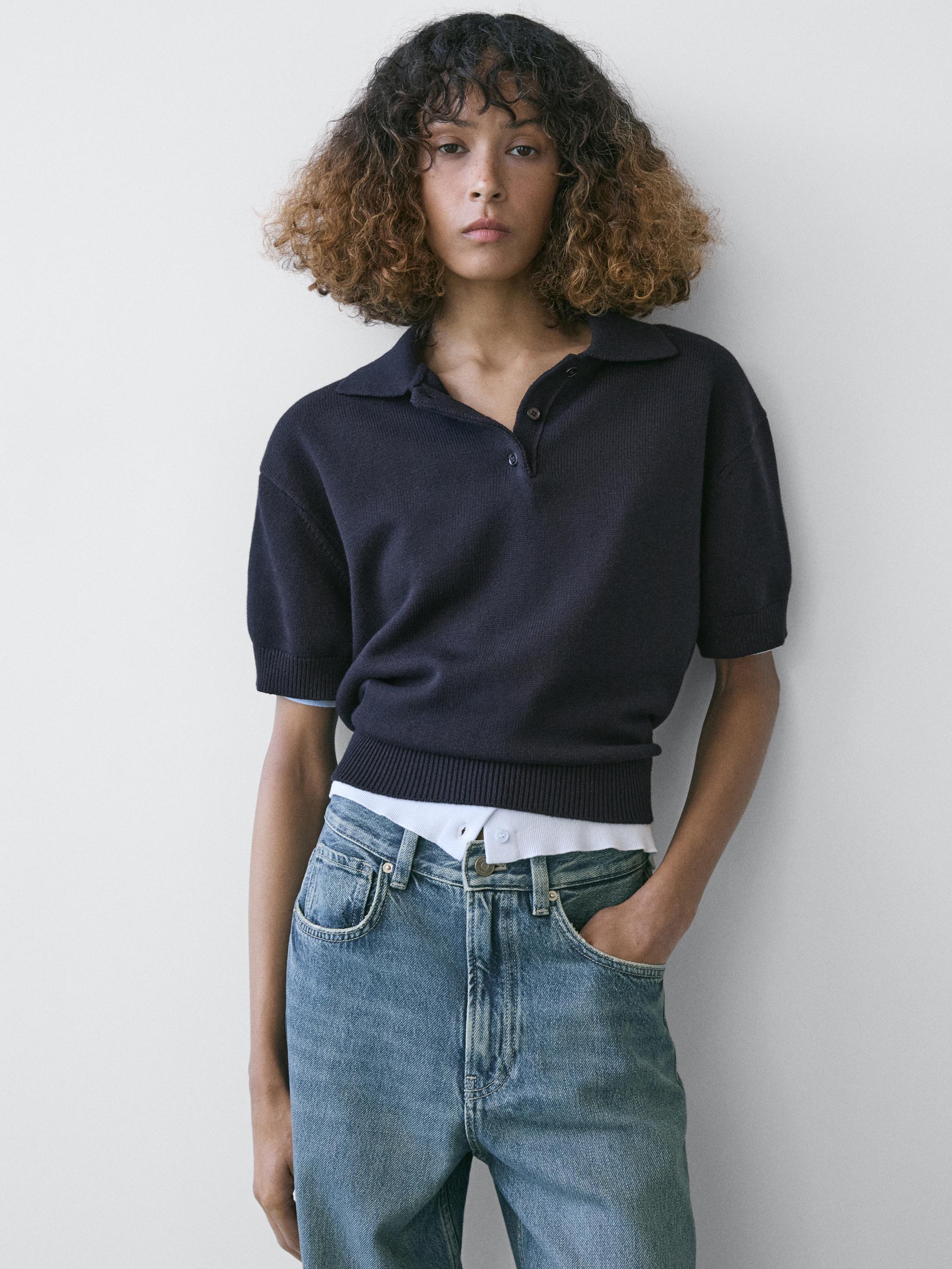 Wool blend knit polo sweater