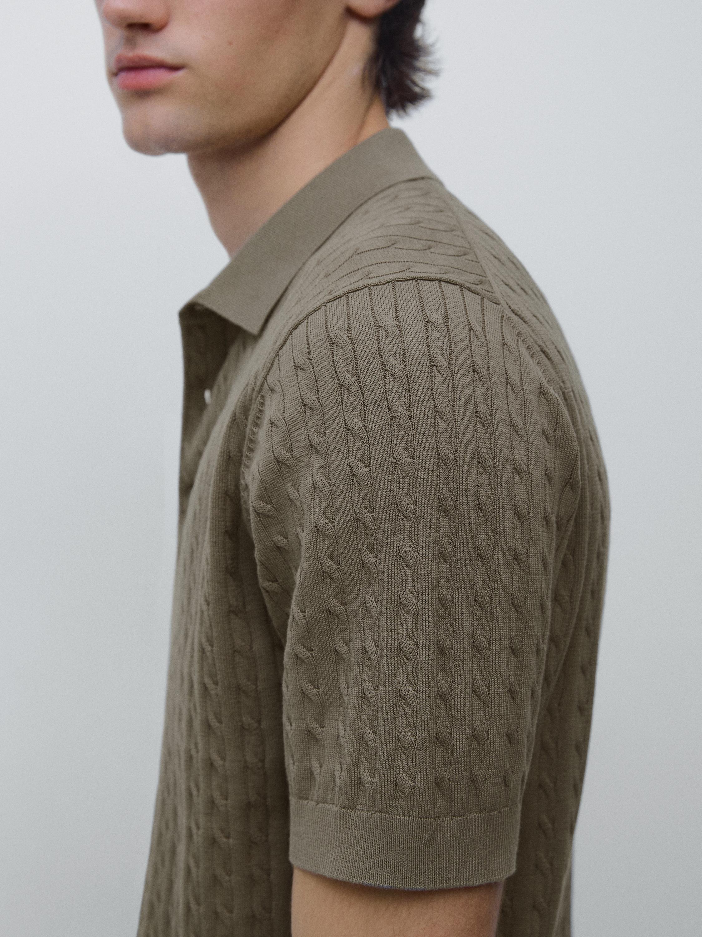 100% cotton cable-knit polo shirt — Khaki