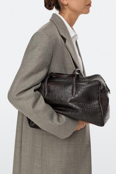 Medium leather textured duffle bag — BROWN 5