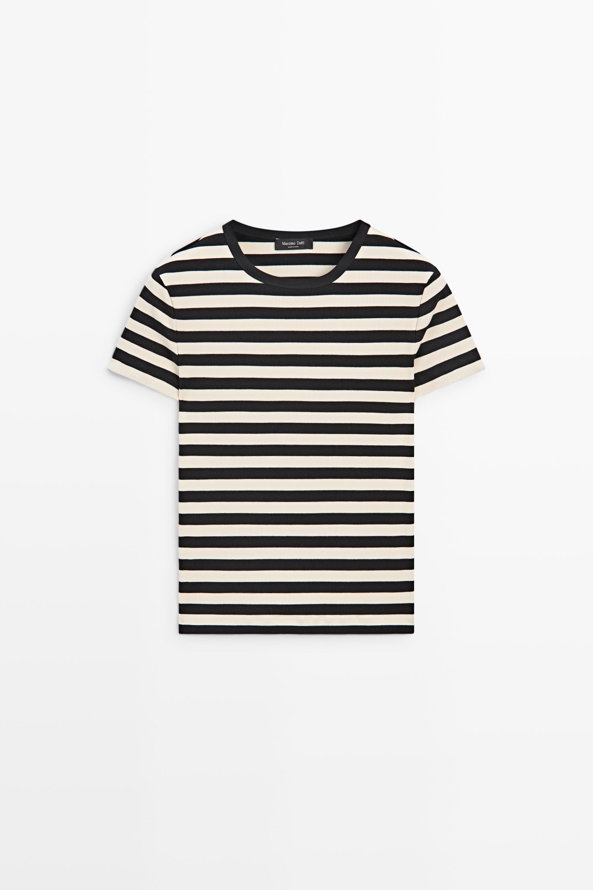 Short sleeve striped cotton blend T-shirt — BLACK