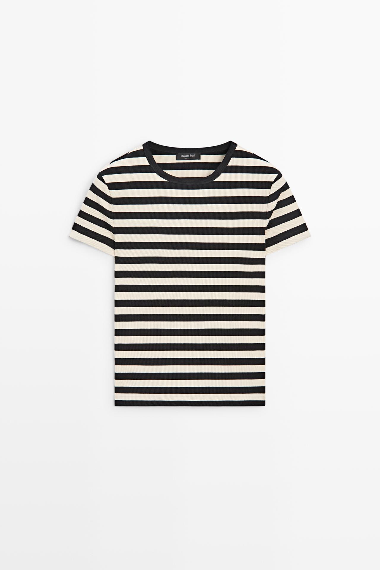 Short sleeve striped cotton blend T-shirt — BLACK