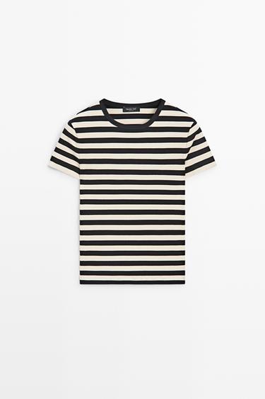 Short sleeve striped cotton blend T-shirt — BLACK 2
