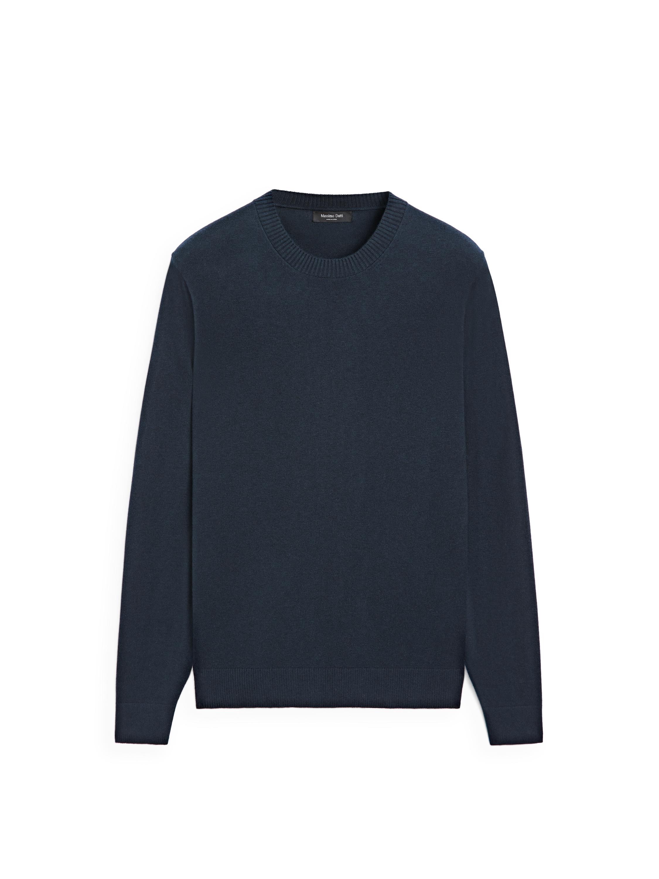 Knit cotton and wool sweater with crew neck — NAVY BLUE