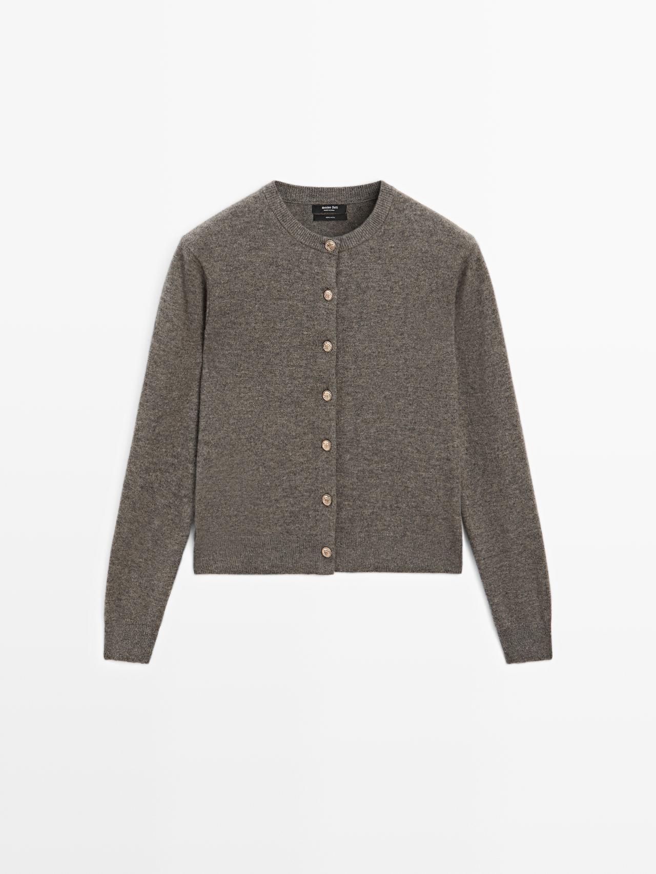 Massimo Dutti - Dame - Cardigan I 100 % Uld Med Gyldne Knapper - Brun - M