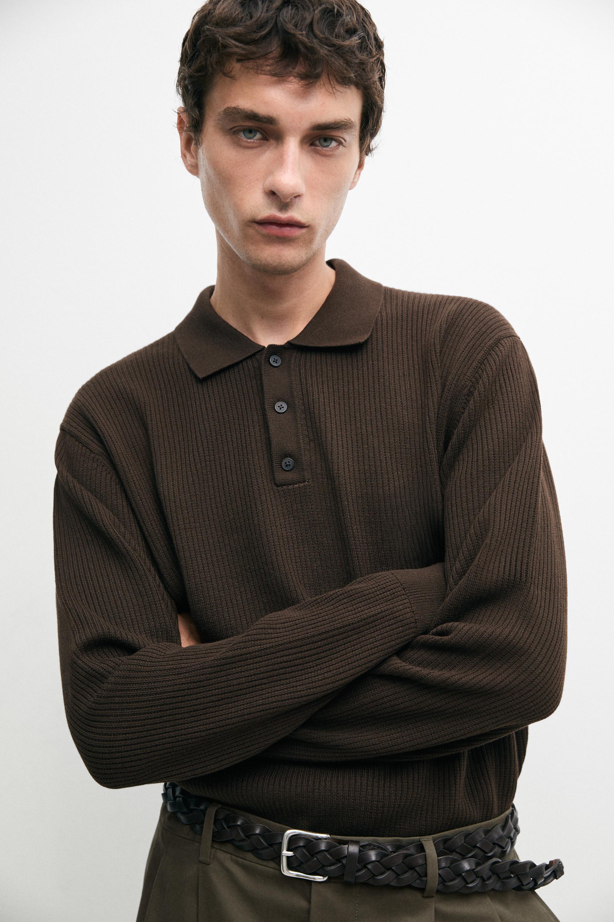 Button-detail polo knit sweater — BROWN MARL