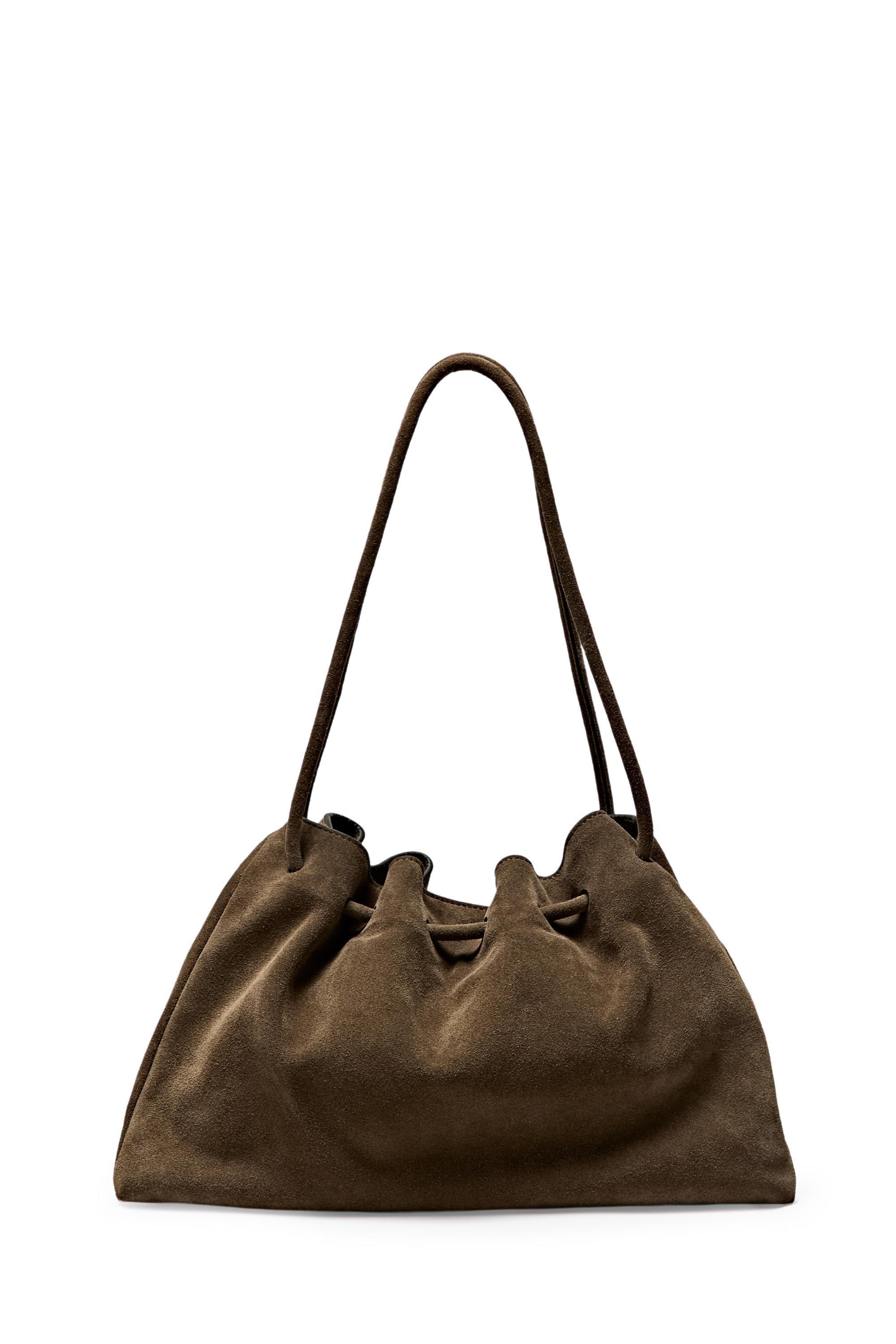 Ruched split suede leather bag — MOLE BROWN