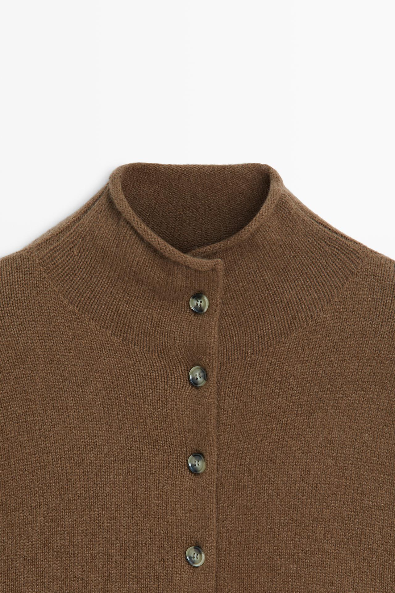 Wool and cashmere knit funnel neck cardigan — Caramel