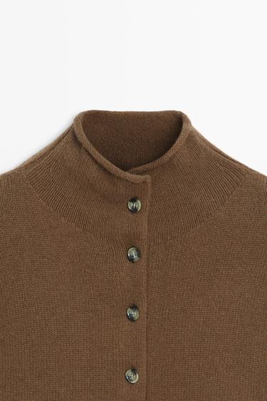 Wool and cashmere knit funnel neck cardigan — Caramel 9
