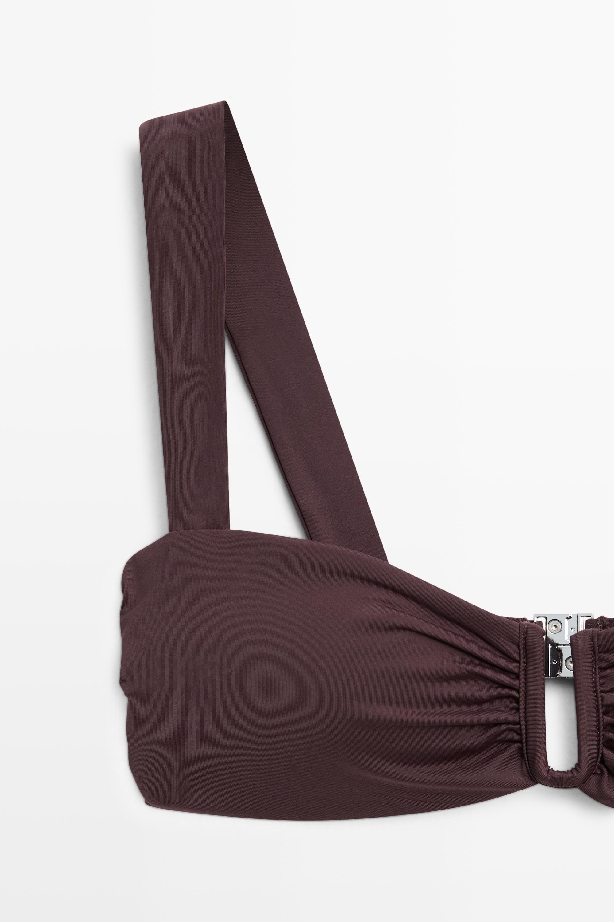 Strappy bikini top with gathered detail — BROWN