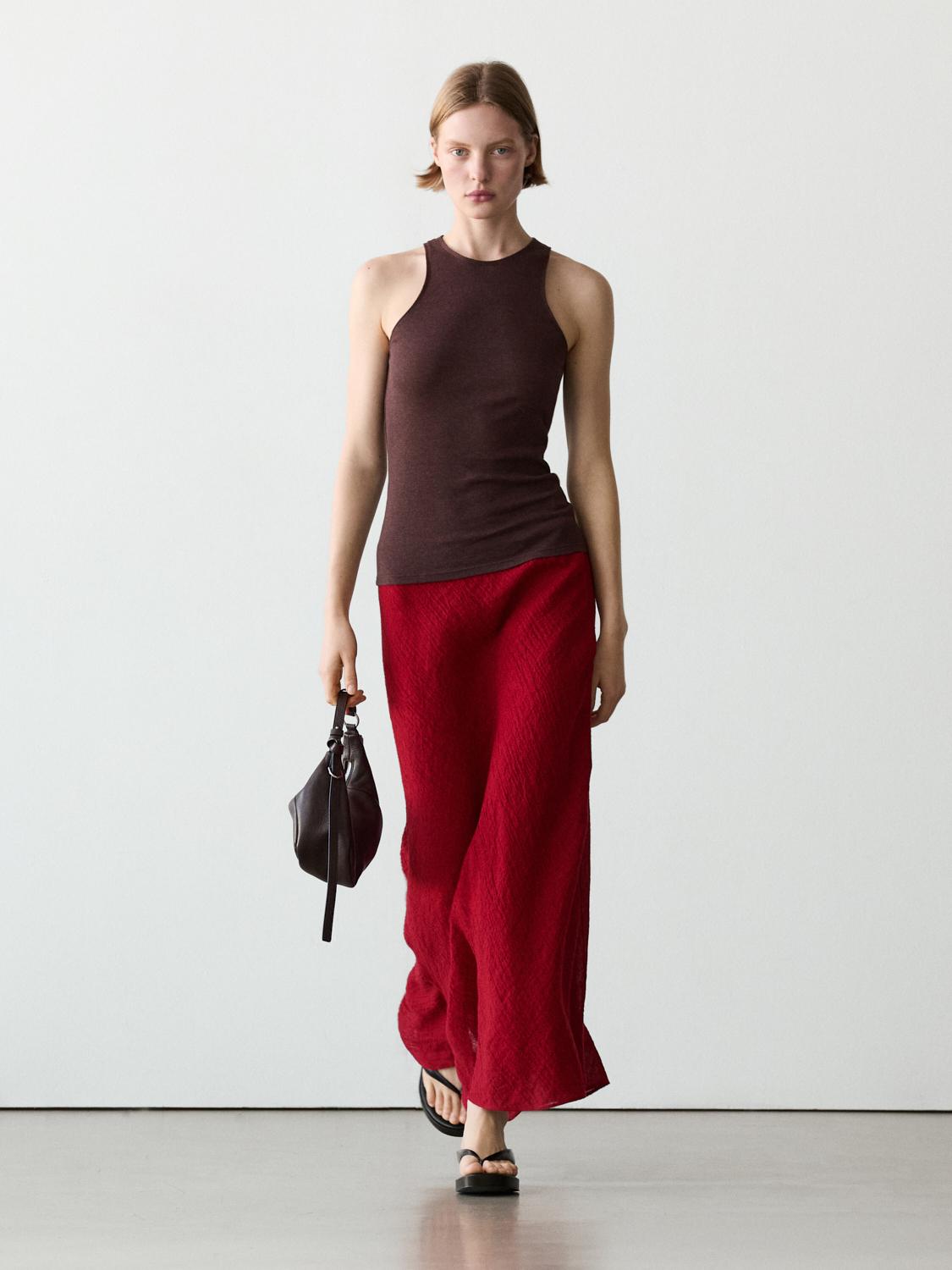 100% linen flounce midi skirt — RED